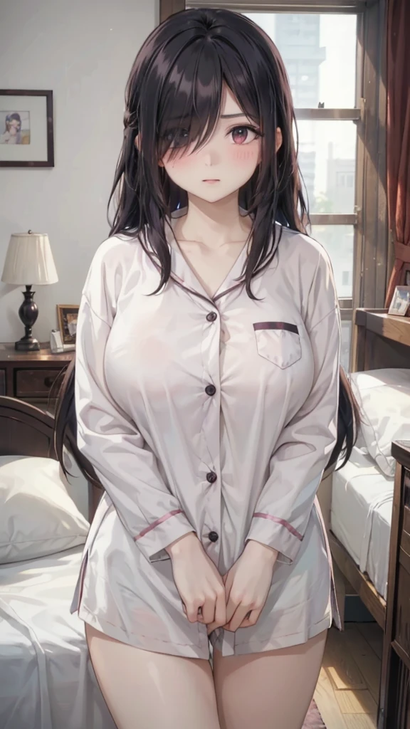 1girl,perfect ,black hair, long hair, (hair over one eye:1.4), messy hair, hair between eyes, plump chubby, busty breast, cute motif pajama, cute shy blush on , bedroom