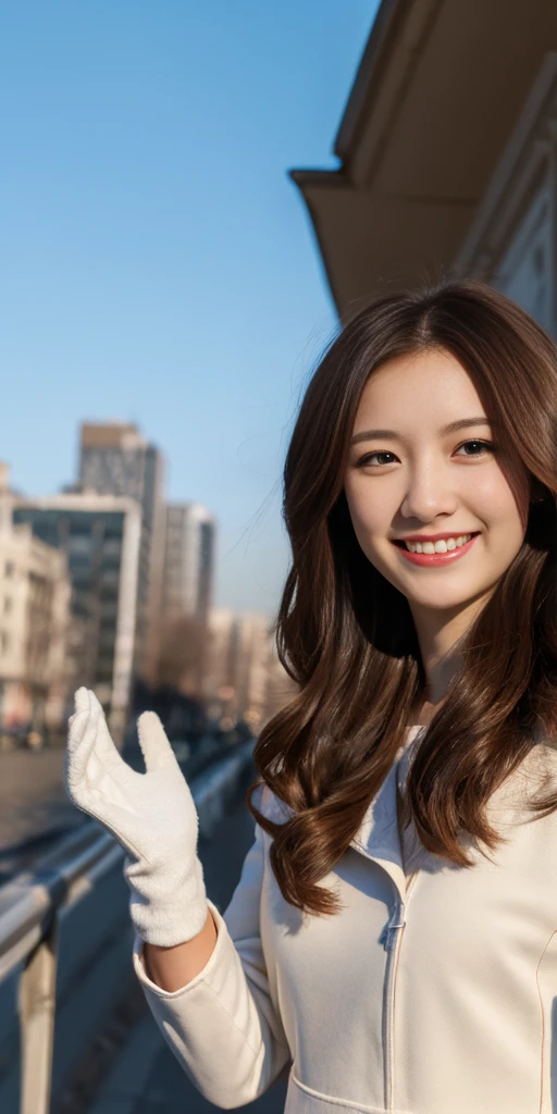 ((masterpiece,best quality)),8k wallpaper,1girl, long hair, red hair, solo, dress, red eyes, looking at viewer, long sleeves, standing, building, white dress, gloves, hair ornament, black jacket, smile, floating hair, dutch angle, closed mouth, looking away, outdoors