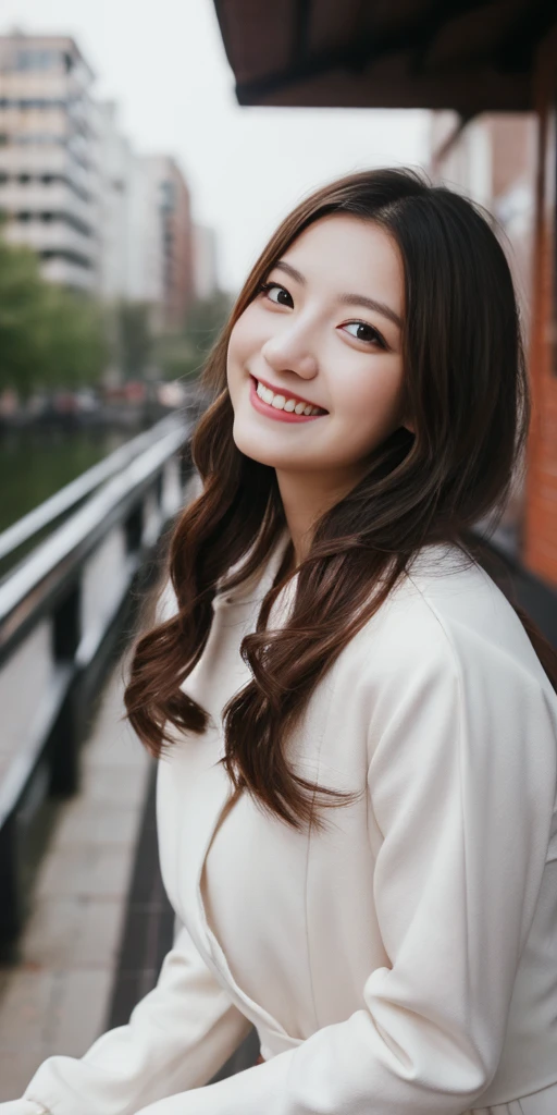((masterpiece,best quality)),8k wallpaper,1girl, long hair, red hair, solo, dress, red eyes, looking at viewer, long sleeves, standing, building, white dress, gloves, hair ornament, black jacket, smile, floating hair, dutch angle, closed mouth, looking away, outdoors