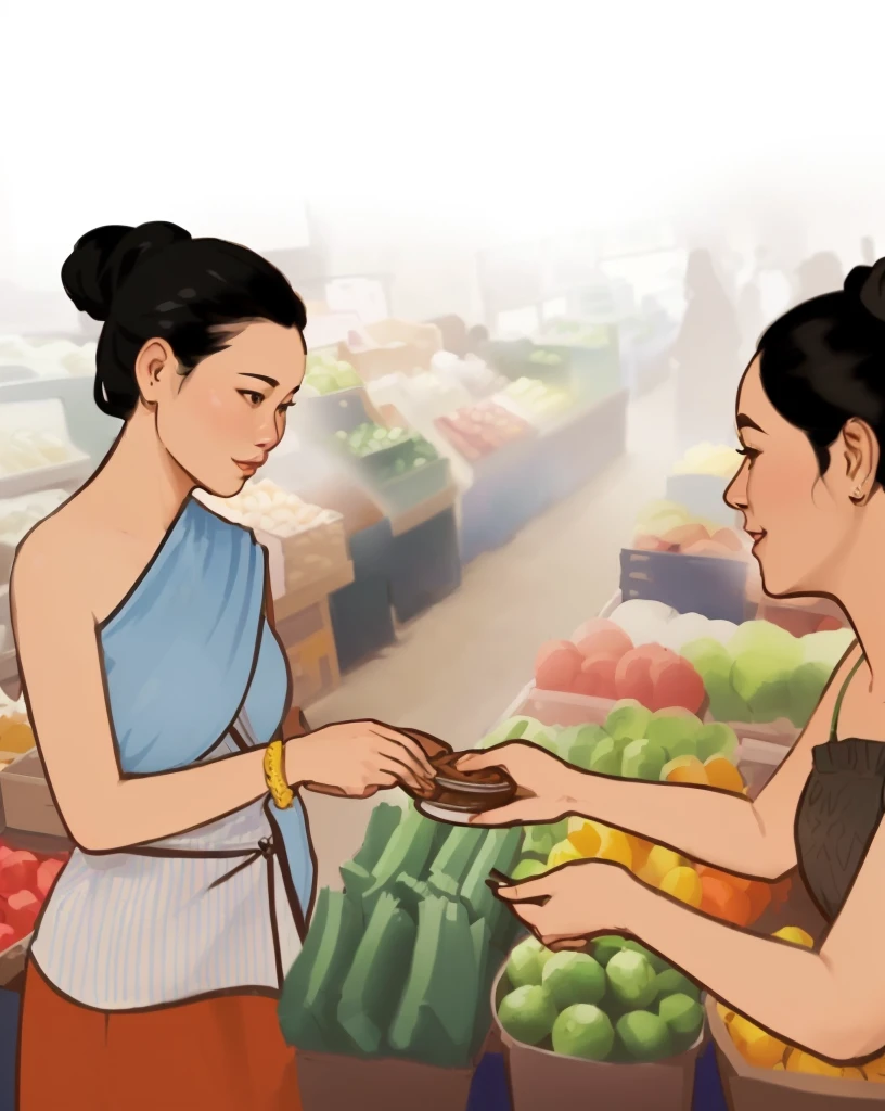 there are two women that are standing in front of a table, market, offering a plate of food, full color illustration, an illustration of, stylized digital illustration, official illustration, colored illustration, wikihow illustration, digital illustration, witch paying for her sins, customers, simple illustration, commercial illustration, thailand, full color digital illustration, market setting, color illustration