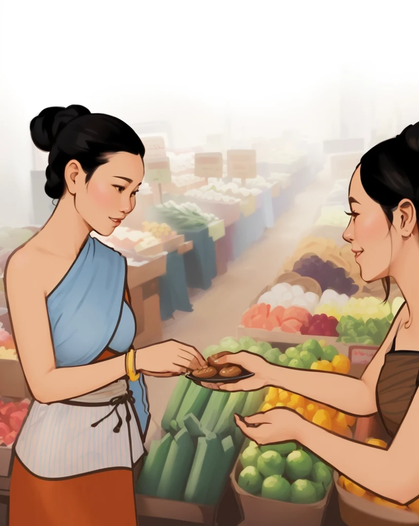 there are two women that are standing in front of a table, market, offering a plate of food, full color illustration, an illustration of, stylized digital illustration, official illustration, colored illustration, wikihow illustration, digital illustration, witch paying for her sins, customers, simple illustration, commercial illustration, thailand, full color digital illustration, market setting, color illustration