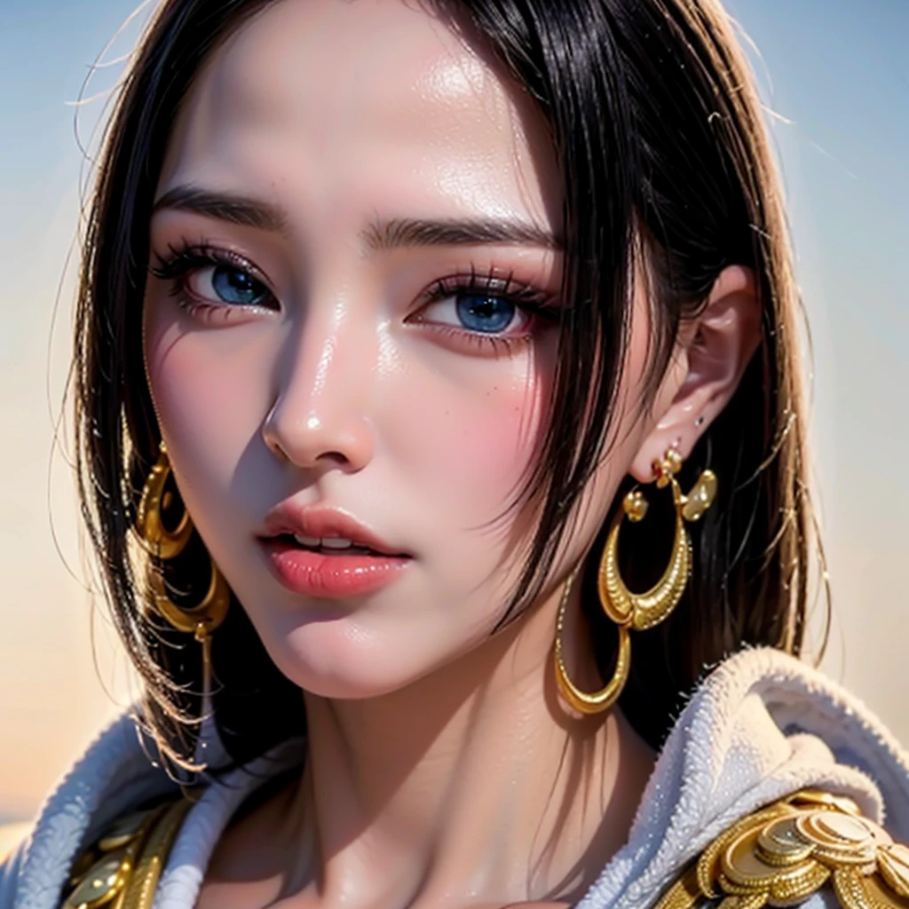 (masterpiece), (highest quality), (Realistic), Nikon RAW Photos, Fujifilm XT3,  (detailed, A 21-year-old young female captain, Big eyes, snake gold earrings, avert your eyes), Sensual, (ultra detailed), 8k, 4K, Complex, upper_body, detailed_face, Best lighting, 屋outside, compensate, Bleach Background, Low rise,(masterpiece, highest quality:1.4), (face focus:1.5), outside, (Close to the sea), One girl, alone, Hancock 1, One girl, Boa Hancock, Big Breasts, Cleavage, Long Hair, Epaulettes, Cape, (white Cape:1), Crop top, Long sleeve, Side slits, (Young European Woman:1), View your viewers, Beautiful smile, beautiful face, highly detailed face, highly detailed eyes, subsurface scattering, Realistic pupils, full face blush, Fuller lips, detailed background, Depth of written boundary, Volumetric lighting, Sharp focus, Absurd, Realistic proportions, (Realistic, hyperRealistic:1.4), 16K HDR
