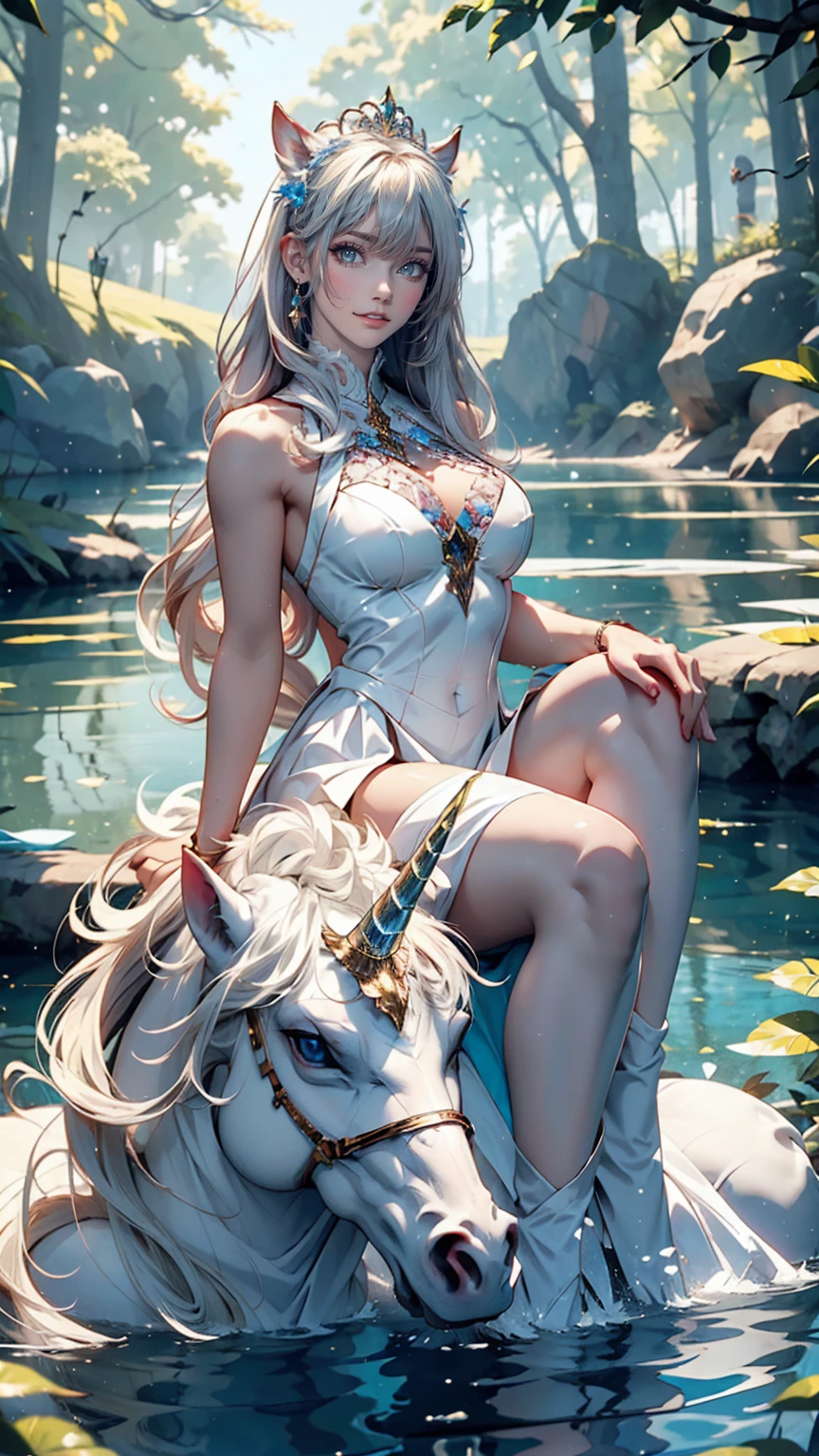 A pure white unicorn floats on the surface of a lake deep in the forest.、A virgin woman rides on the back of a unicorn