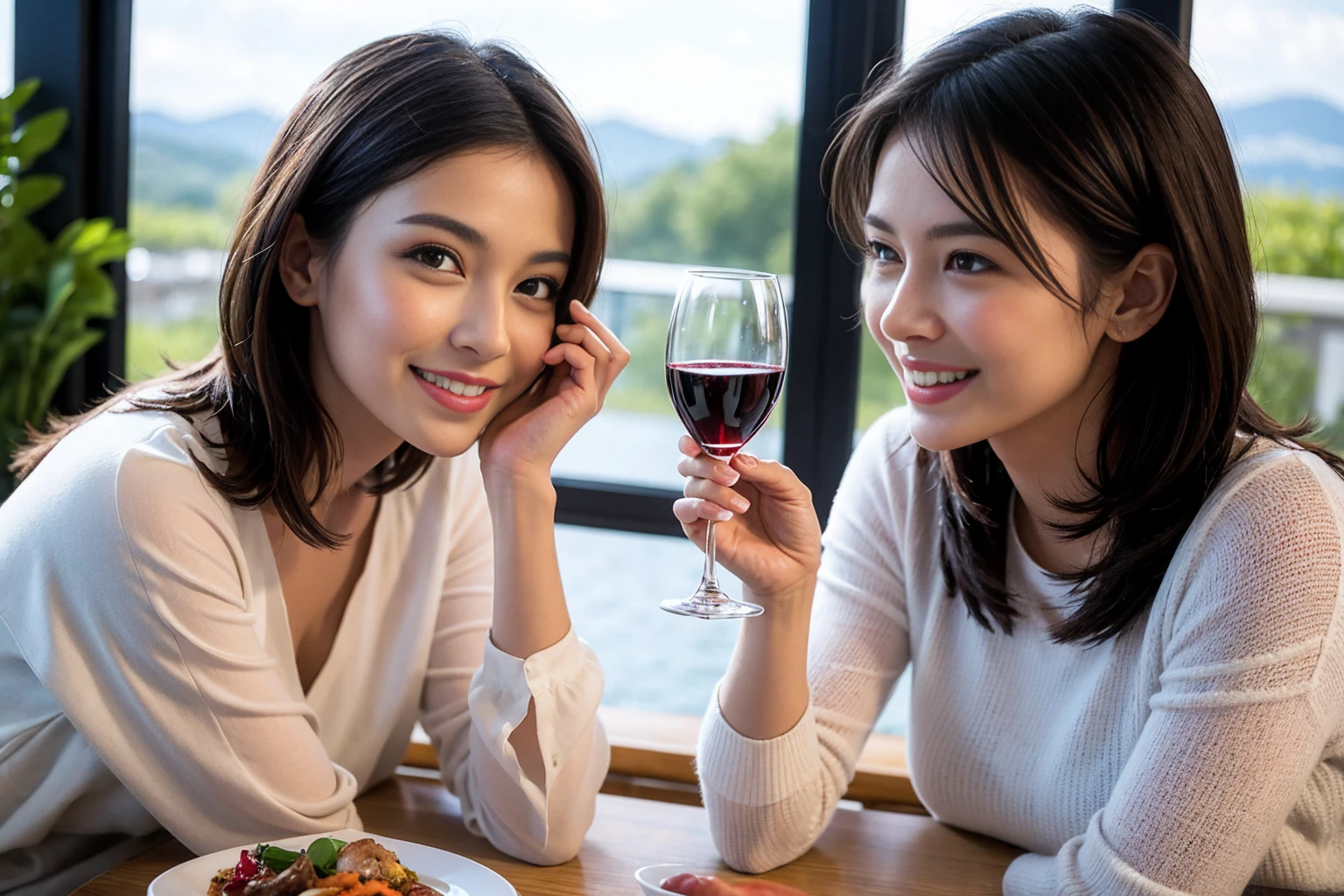 ((highest quality、8k、masterpiece:1.3))、beauty、1 male、1 female、Beautiful couple、spouse、spouse、Handsome men and beautiful women、spouse、The body is slim、((Bob Hale、Straight hair:1.2)), (Realistic, Intricate details:1.2), full-course dinner,テーブルの上のwine glass、Put the light on your face、 Amazing view of the sunset sky and clouds、A bright smile、The wonderfulness of smile、Bright image、The beauty of wine, Beautiful Face, blue eyes, The light shines on your face, Blushing, short hair,Bright Face、 (Age 35), 39 years old, red wine 、Appetizers、Italian food、Wine bottle、Champagne、sparkling wine、Two beauties、Brown Hair、Shortcuts、Long sleeve shirt、dress、Pretty Woman 1, (slimな顔), (The body is slim), (Brown Hair), (Shortcuts), cheeks turn a little red,Attractive beauty、restaurant, In a prominent place (From the waist up) Nova Frog Style, actress, model, Upper Body, White wine, slim, wine glass, A wine glass placed in the center, smile, (smile: 1.15), Beautiful fine grain, Depth f/2,saturation, High Contrast, Strong light and shadow,Moist Body:1.5、3D texture、Delicate eyes、Brown Hair、The hair is very shiny、