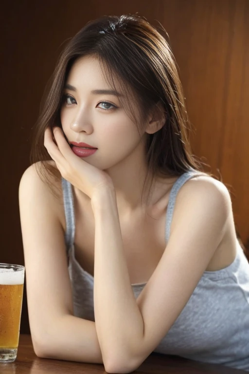 ((highest quality, 8k, Tabletop :1.3)), One Girl, Side Shot :1.2, Slender Beautiful, Highly detailed face, Fine grain, double eyelid, whole body, ((highest quality, 8k, Tabletop: 1.3)), beauty, 1 Japanese Girl, big: 1.3, thin, Dark brown short hair, Ultra detailed face, Highly detailed lips, Fine grain, double eyelid, Wearing a sleeveless dress，Beer ，Hold in hand，Beer を乾杯する