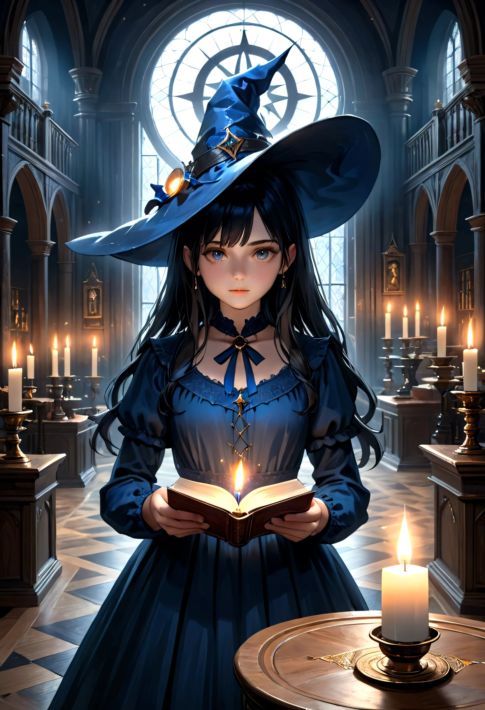 A mystical girl with long black hair, deep black eyes, wearing a navy blue witch's hat and dress, holding a book with a black magic circle, in a dimly lit European-style interior, with blue candle flames, (best quality,4k,8k,highres,masterpiece:1.2),ultra-detailed,(realistic,photorealistic,photo-realistic:1.37),dramatic lighting,intricate details,dark academia,fantasy,occult,moody,cinematic