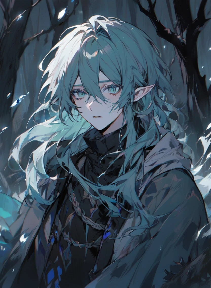young man ,Male Dark, dark Woods, cold colors, Elf , Warlock dnd