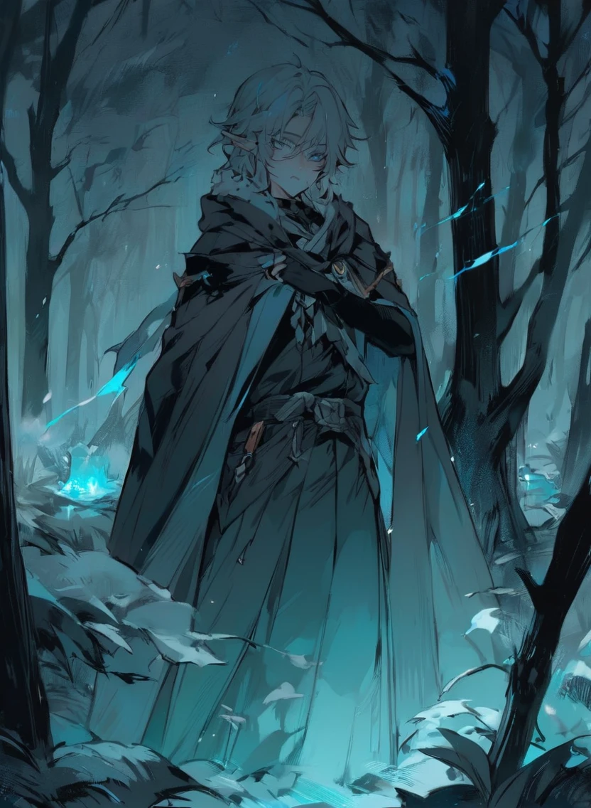 young man ,Male Dark, dark Woods, cold colors, Elf , Warlock dnd