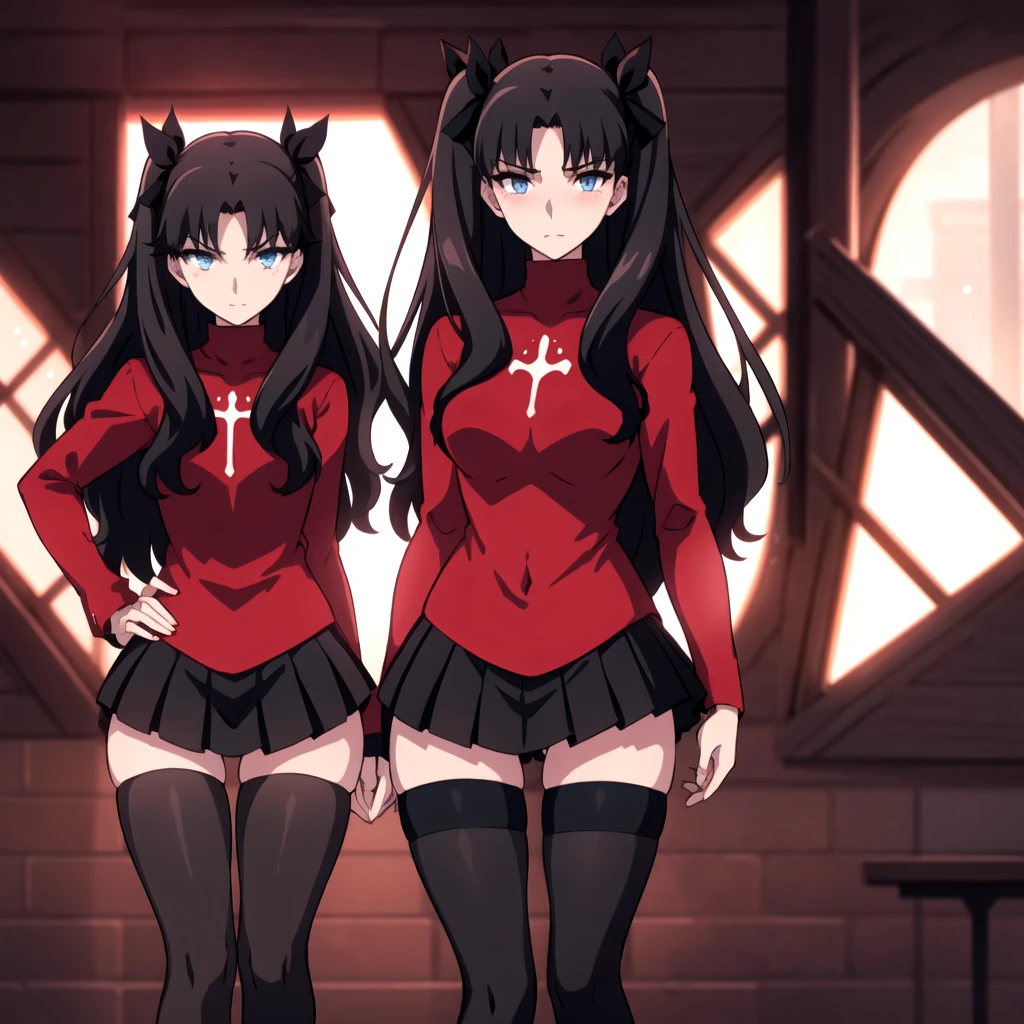 Tohsaka Rin, volumetric lighting, best shadows, shallow depth of field, Portrait of an incredibly sexy girl, Delicate beautiful attractive face with bright seductive blue eyes, pointed eyebrows, Enjoying the scenery, Sly smile, closed mouth, huge ass, Long black hair layered on both sides, hair ribbon, Blush eye shadow, thick eyelashes, Cross on red turtleneck shirt, Slim waist, black pleated mini skirt, thigh gap, big thighs , Thigh-high black stockings, late afternoon, Sunlight shining through the window, dust particles floating, dark cave reddish light, thong visible, (highest quality, amazing details: 1.25), (Only:1.3), Bright colored paints