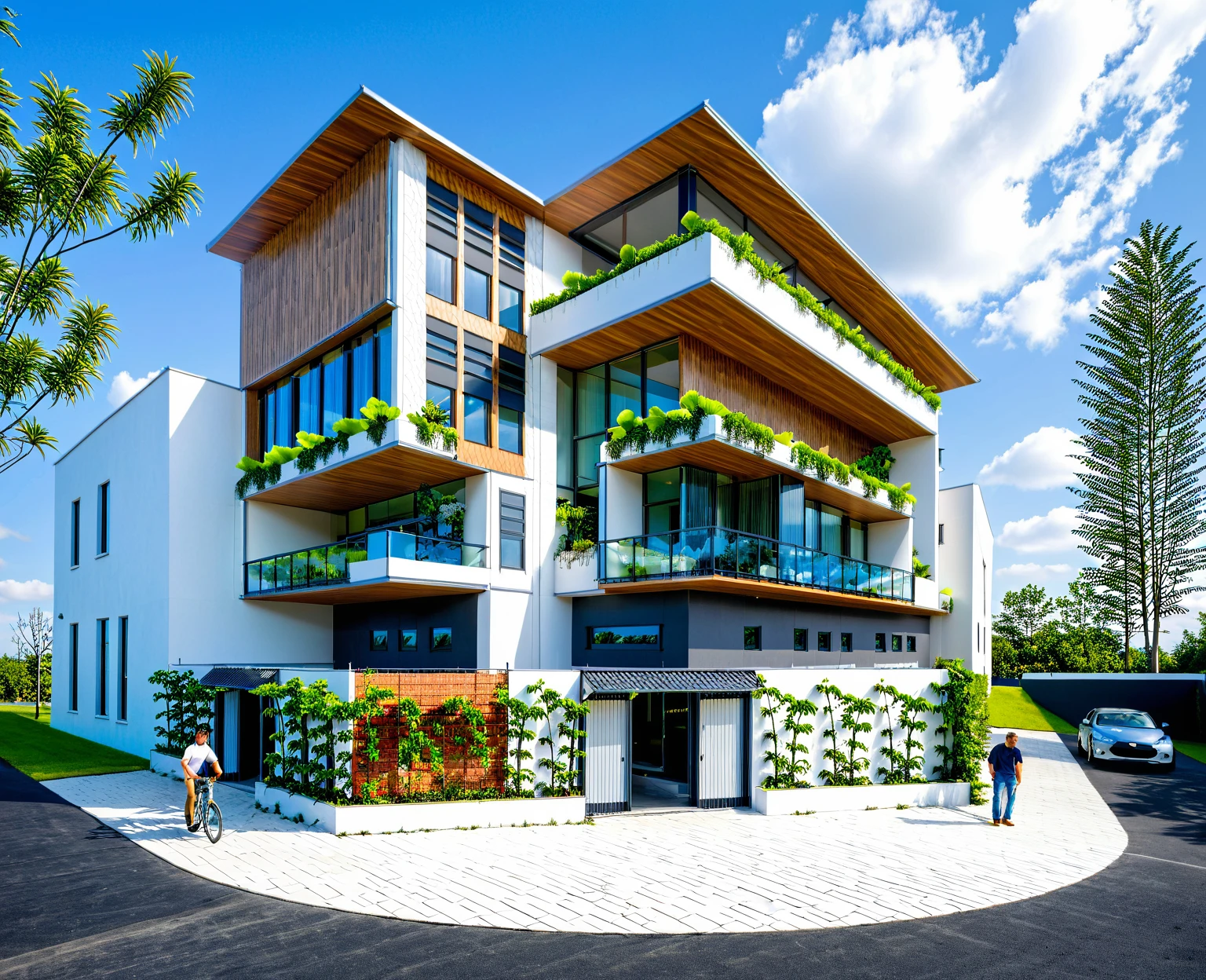 Masterpiece, high quality, best quality, authentic, super detail, outdoors, onestoreyvillaXL, aiaigroup, house style modern on the street ,stairs, white wall ,road,pavement, grass, trees, sky, cloud, (daylight:1.1)
