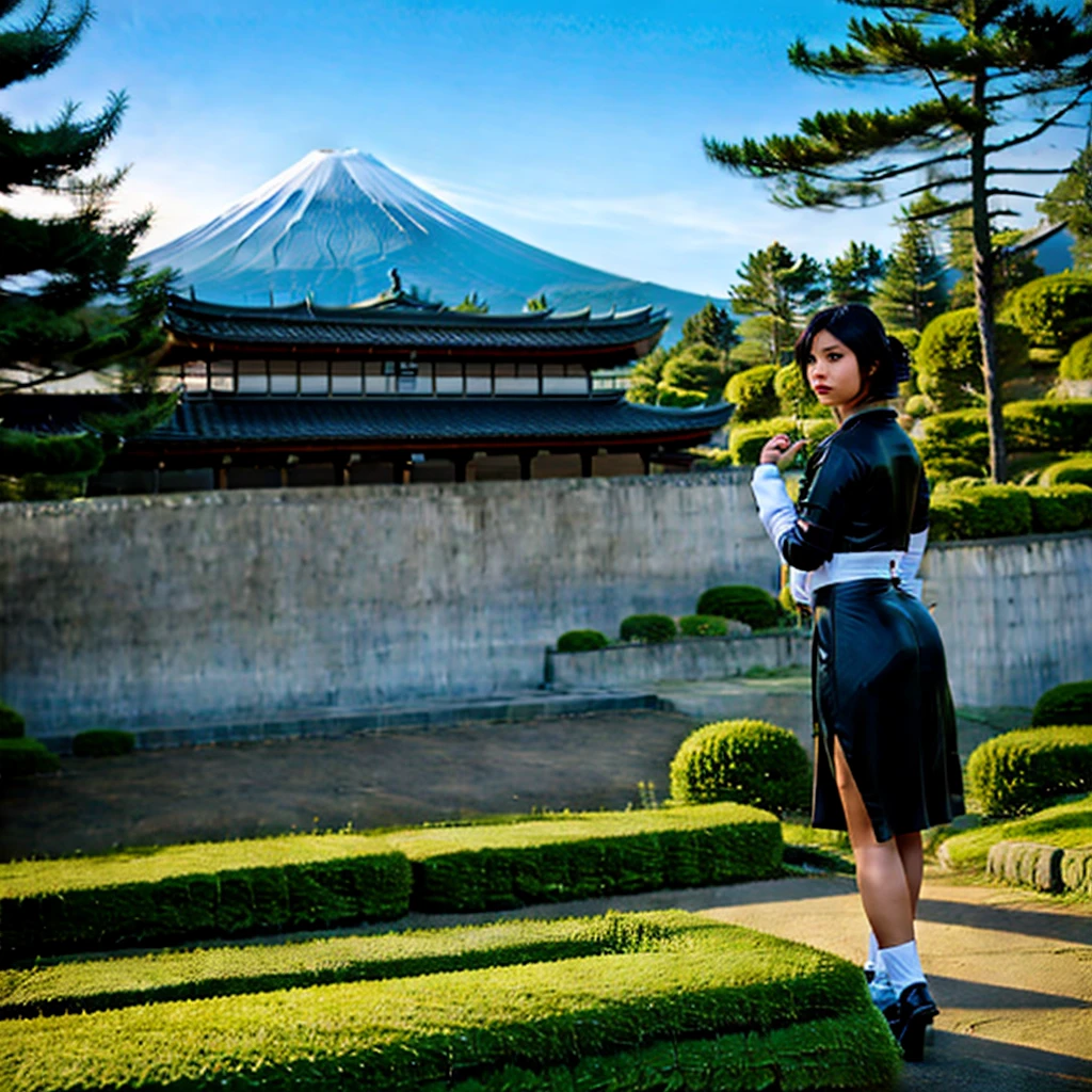 (masterpiece, best quality:1.2), 1girl, solo t, Feudal Japan, Mount Fuji, (Japanese garden exterior:1.1) background, dark mysterious lighting, shadows, magical atmosphere, dutch angle,