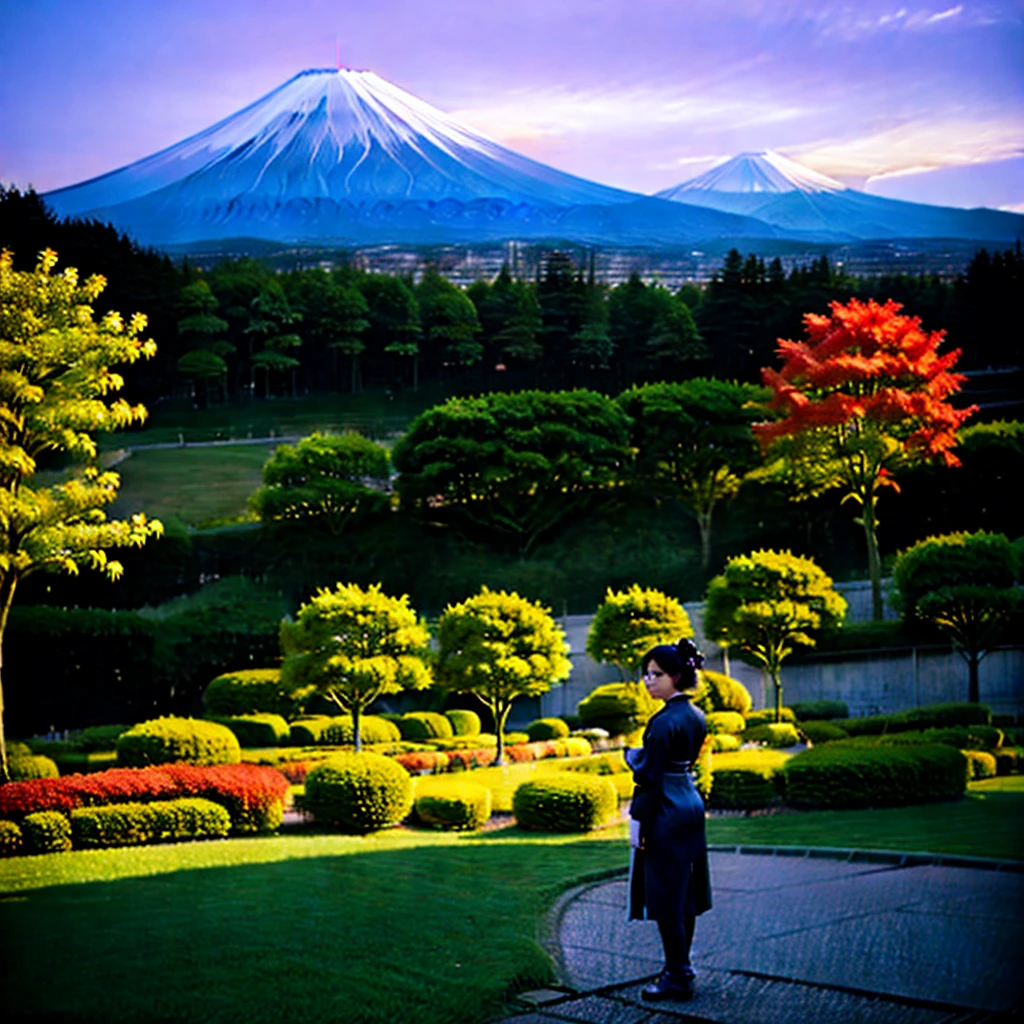 (masterpiece, best quality:1.2), 1girl, solo t, Feudal Japan, Mount Fuji, (Japanese garden exterior:1.1) background, dark mysterious lighting, shadows, magical atmosphere, dutch angle,