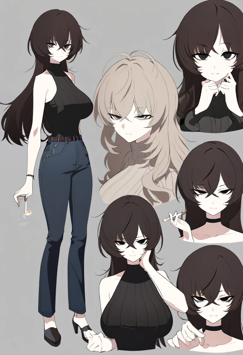 One Woman,Downer,older sister,Concept Art,Dark brown hair,Straight hair with slight inward curls,Staring eyes,Eye Ridge,black eye,Crossed bangs,whole body,smile,Larger breasts,Gray background,Bangs that reach down to the eyes,Messy hair,Perfect dark jeans,Light brown turtleneck sweater,Multiple views of the same character,Character Design,Dark circles under the eyes,Bad look,Listless,Sloppy,accessories,Cafe staff,Holding a cigarette,whole bodyCharacter Design,Detailed hands,