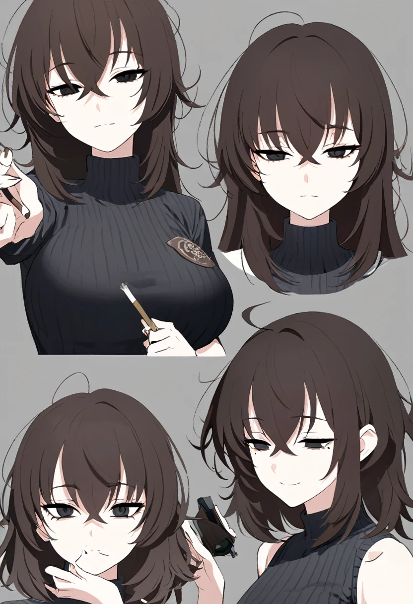 One Woman,Downer,older sister,Concept Art,Dark brown hair,Straight hair with slight inward curls,Staring eyes,Eye Ridge,black eye,Crossed bangs,whole body,smile,Larger breasts,Gray background,Bangs that reach down to the eyes,Messy hair,Perfect dark jeans,Light brown turtleneck sweater,Multiple views of the same character,Character Design,Dark circles under the eyes,Bad look,Listless,Sloppy,accessories,Cafe staff,Holding a cigarette,whole bodyCharacter Design,Detailed hands,