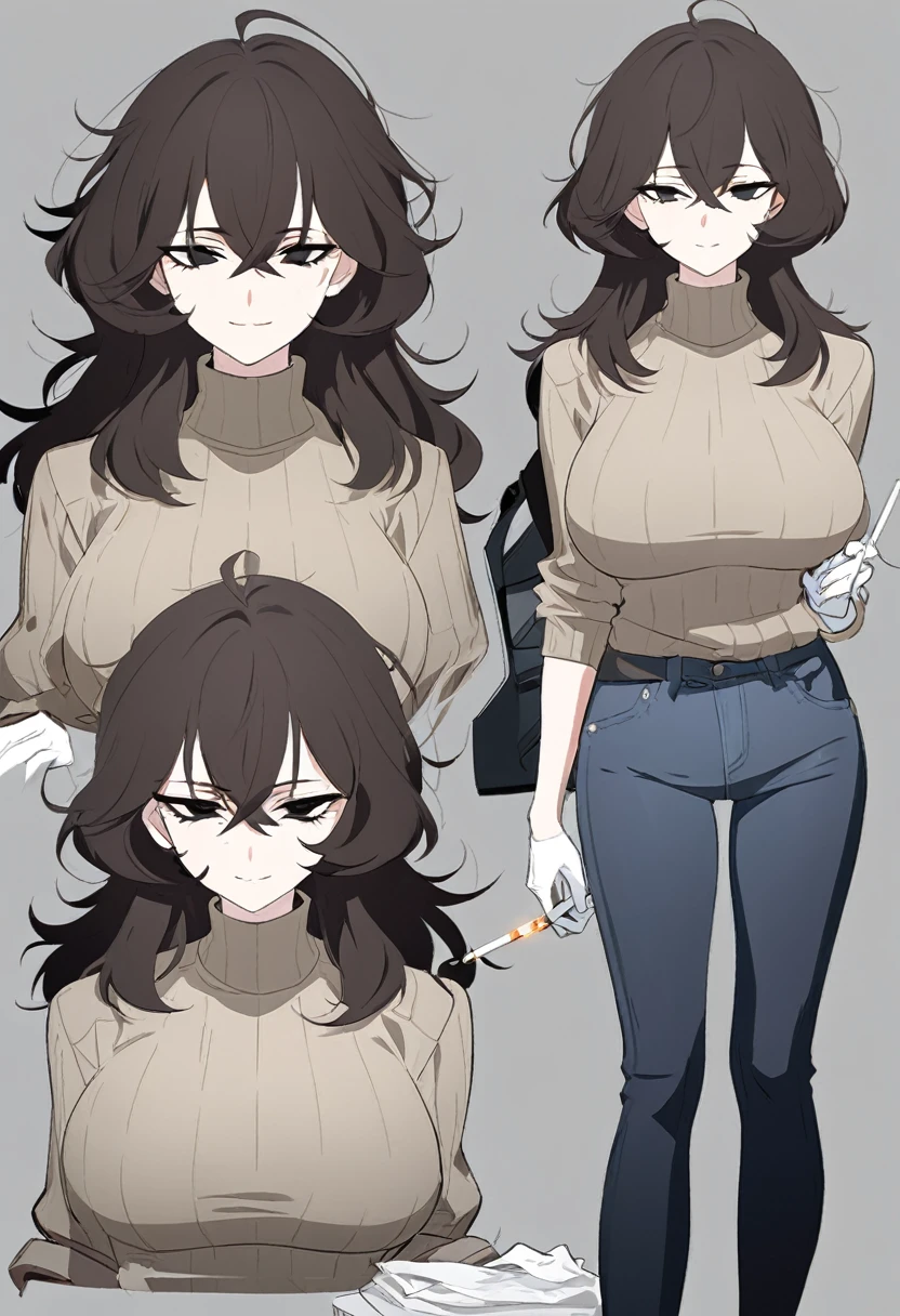 One Woman,Downer,older sister,Concept Art,Dark brown hair,Straight hair with slight inward curls,Staring eyes,Eye Ridge,black eye,Crossed bangs,whole body,smile,Larger breasts,Gray background,Bangs that reach down to the eyes,Messy hair,Perfect dark jeans,Light brown turtleneck sweater,Multiple views of the same character,Character Design,Dark circles under the eyes,Bad look,Listless,Sloppy,accessories,Cafe staff,Holding a cigarette,whole bodyCharacter Design,Detailed hands,