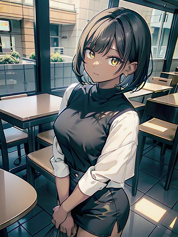 masterpiece, best quality, dark skin, short hair, yellow eyes, black hair, beautiful girl, casual clothes, thin, full body, plan boobs, short boobs, small , short chest, big butt, wide thigh, drinking coffee in a cafeteria, super soft lighting, daylight