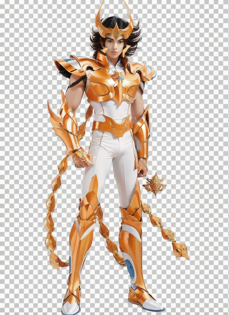 Realistic photo, Middle East young man, Muscular, a cartoon of a man in an orange armor with white tight without sleeves underneath, saint seiya, human and dragon fusion, unreal engine render saint seiya, official art, full body savage devilman, greek god in mecha style, kentaro miura art style, kentaro miura manga art style, clean cel shaded, knights of zodiac