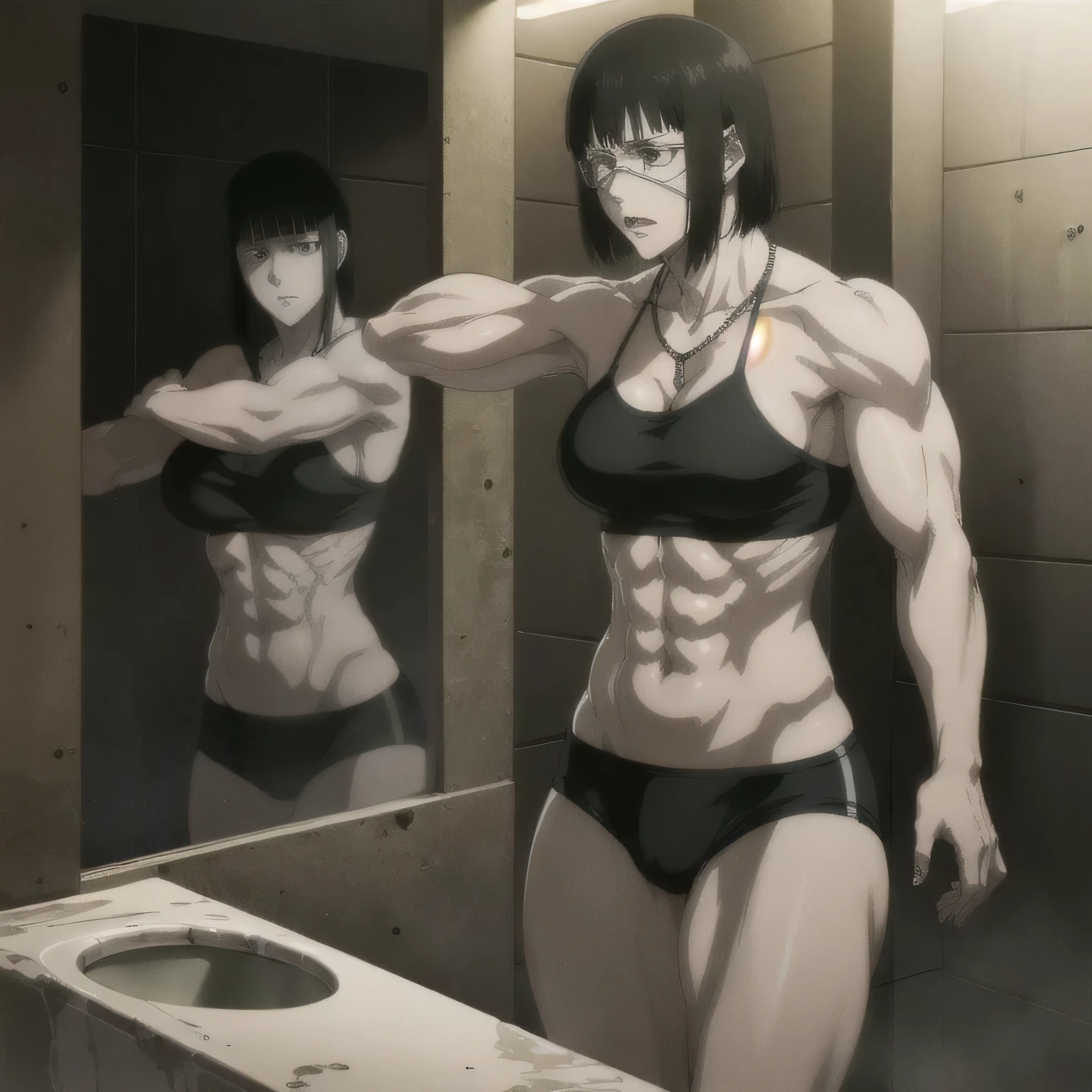 (best quality,ultra-detailed,realistic:1.37),musclaur badass girl with sculpted body with preview her musclaur body and six-pack, full review of the female character's face and body, intense expression,studio lighting, vivid colors, physiologically-based rendering, grungy texture, rugged background, dust particles in the air, commanding presence, professional, powerful, gritty aesthetics,,Valmet،short hair،tattoos on shoulders,,Shining muscles, muscle protrusion,wearing military male black underwear and midriff tank top,necklace,Valmet have a sex muscles,eyepatch,penis,wet body,wet clothes,white skin,water dropped on body,Shining skin,in bathroom, standing in front of a Hand washbasin,