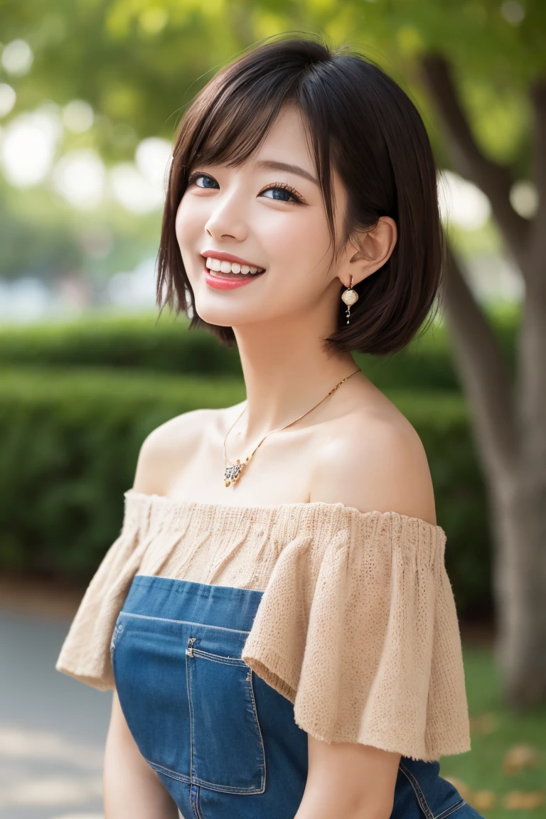 ((masterpiece)), ((best quality)), (ultra-detailed), ((kawaii)), cute, ((extremely detailed)), 4K, (8K), best quality, (beautiful), illustration, dignified, (portrait:1.3), dynamic pose, a cute girl, 1girl, Japanese, solo, (tan skin:1.3), off-shoulder shirt, short shorts, (park), (beautiful black hair), short bob cut, hair blowing in wind, beautiful blue eyes, ((beautiful eyes)), lip, hair ornaments, earrings, necklace, laughing, blush, shiny,