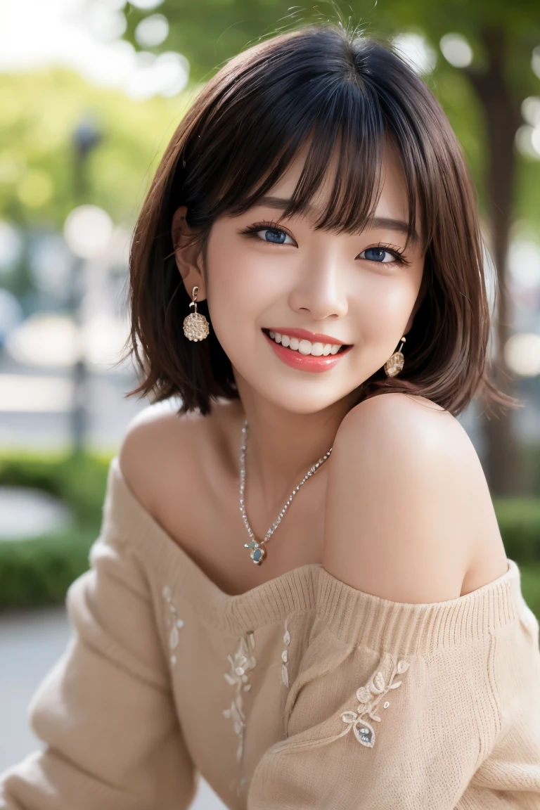((masterpiece)), ((best quality)), (ultra-detailed), ((kawaii)), cute, ((extremely detailed)), 4K, (8K), best quality, (beautiful), illustration, dignified, (portrait:1.3), dynamic pose, a cute girl, 1girl, Japanese, solo, (tan skin:1.3), off-shoulder shirt, short shorts, (park), (beautiful black hair), short bob cut, hair blowing in wind, beautiful blue eyes, ((beautiful eyes)), lip, hair ornaments, earrings, necklace, laughing, blush, shiny,