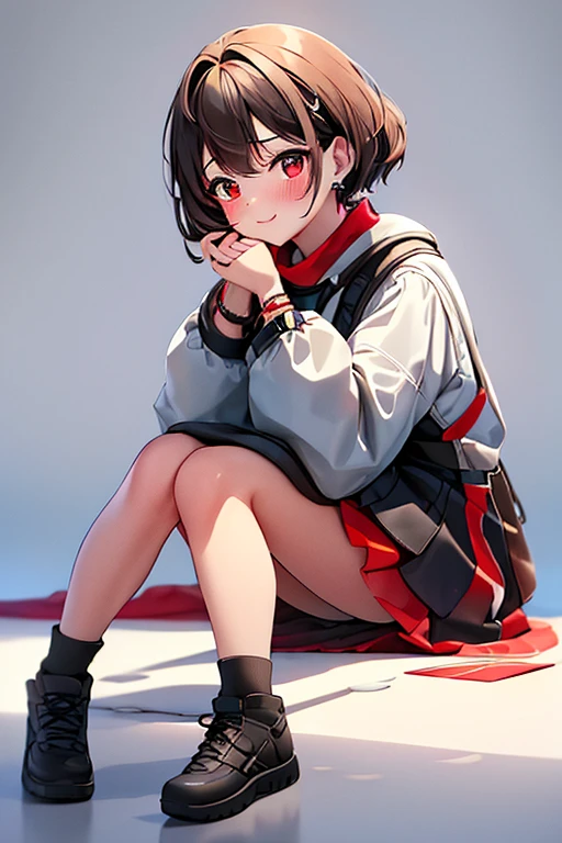 8K, highest quality, masterpiece, Ultra-high resolution, Film Grain, movie, One girl, View Viewer, Natural skin texture, Realistic eye and facial details, full 唇, Lip tick, (compensate), Red eyeshadow, Fluffy short hair,Korean beauty style,White shirt,smile, Close your mouth, beautiful feet, skinny, slim_feet, alone,University campus,Brown Hair,Bracelet,Black long boots,Knee-high socks,VIVIZ,UMJI,Korean Style,Korean,かわいいKorean,Natural Makeup,cute,Medium Short Hair,Earrings,Depth of written boundary