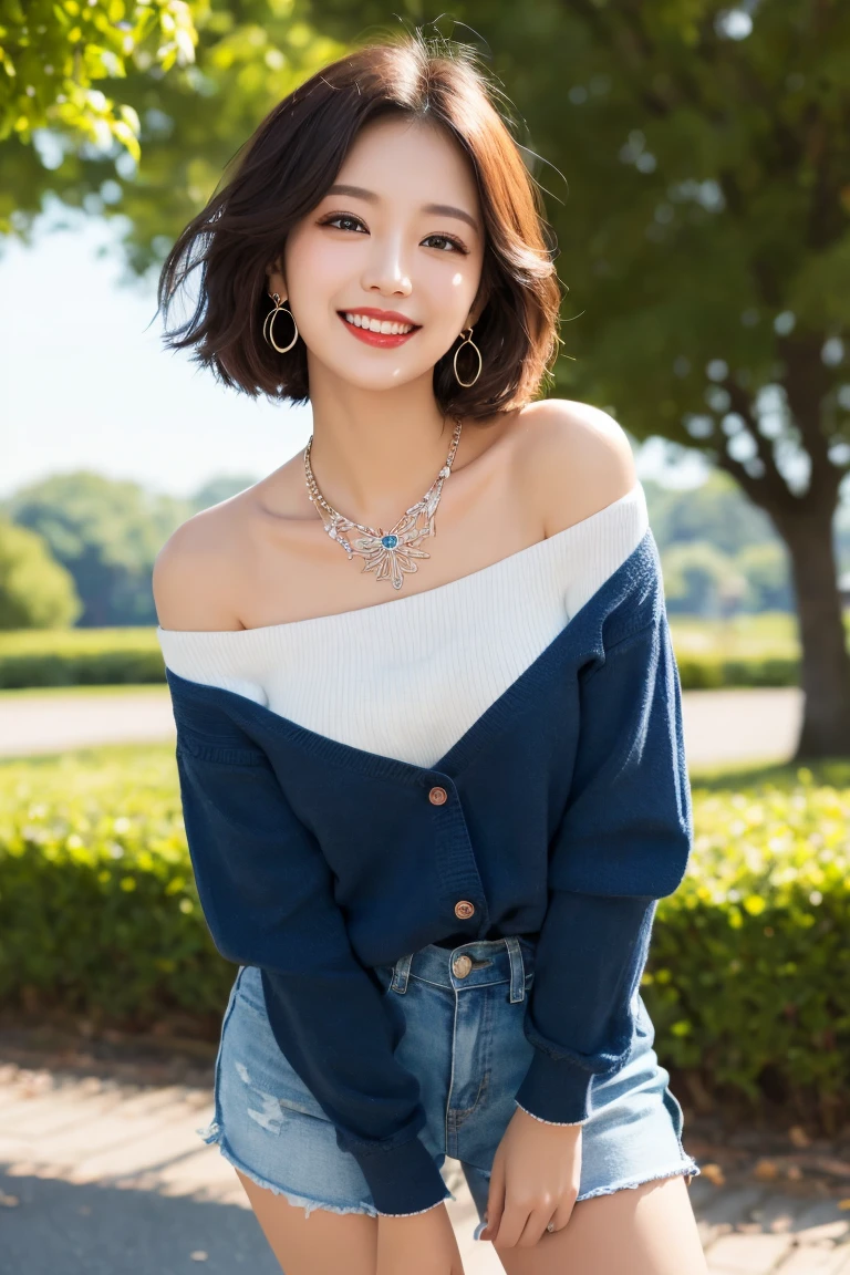 ((masterpiece)), ((best quality)), (ultra-detailed), ((kawaii)), cute, ((extremely detailed)), 4K, (8K), best quality, (beautiful), illustration, dignified, (portrait:1.3), dynamic pose, a cute girl, 1girl, Japanese, solo, (tan skin:1.3), off-shoulder shirt, short shorts, (park), (beautiful black hair), short bob cut, hair blowing in wind, beautiful blue eyes, ((beautiful eyes)), lip, hair ornaments, earrings, necklace, laughing, blush, shiny,