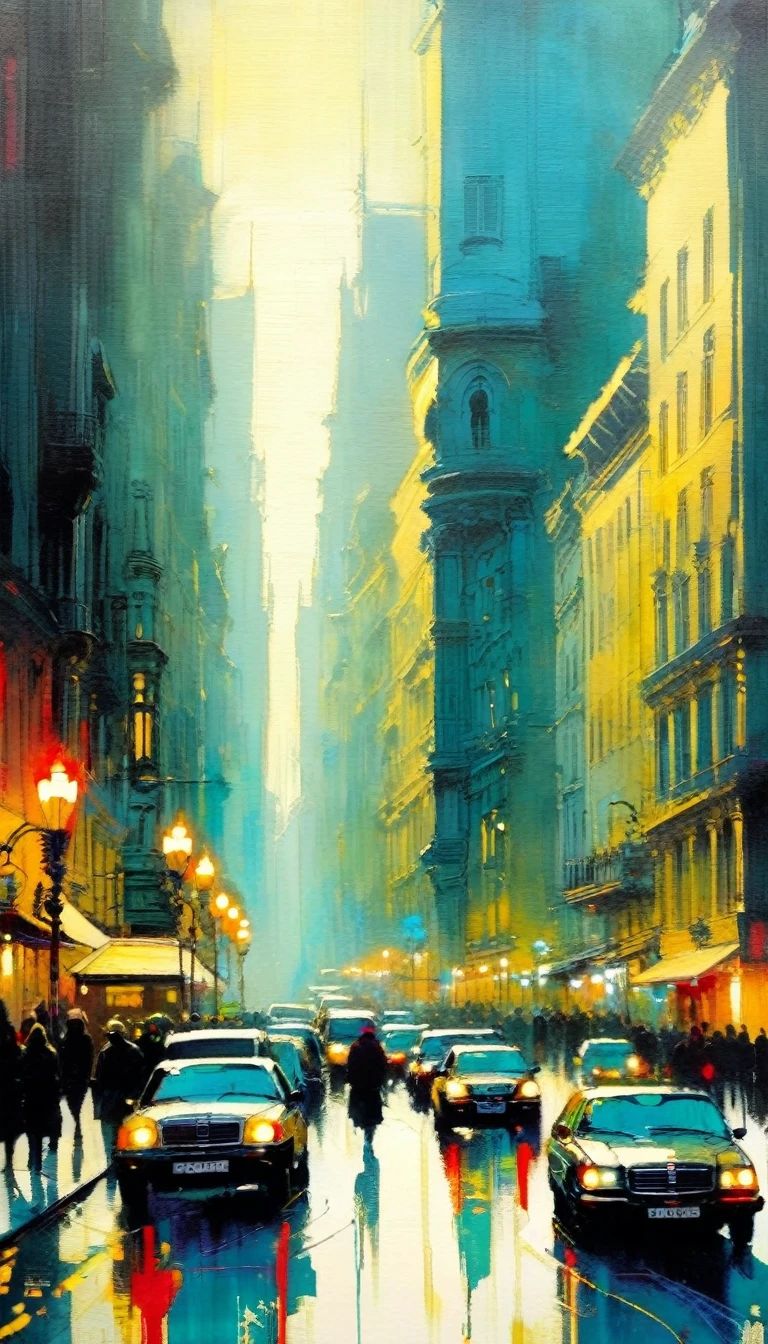 the bustling city, inspired in Brussels (art inspired by Bill Sienkiewicz). oil painting, details of brush strokes that enhance depth)