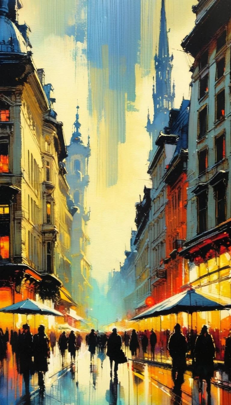 the bustling city, inspired in Brussels (art inspired by Bill Sienkiewicz). oil painting, details of brush strokes that enhance depth)
