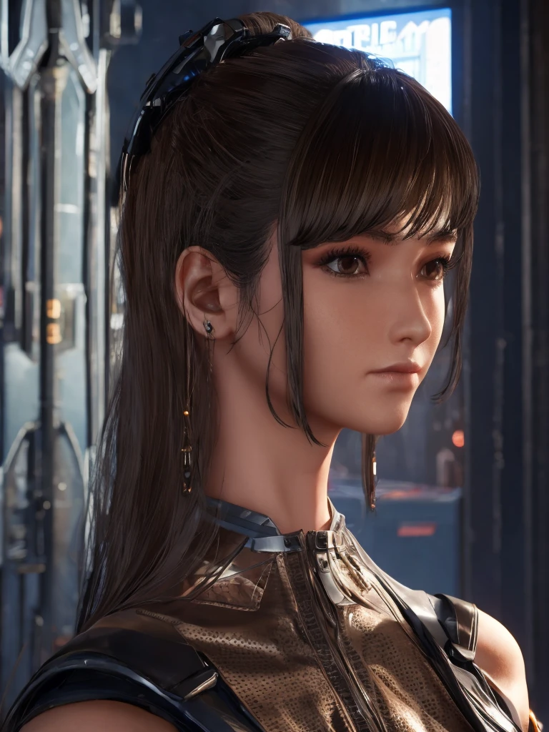 masterpiece, girl, eve , stellar blade, fringe hair, brown eyes, , woman in the room, portrait face, cyberpunk room, high skin pore 