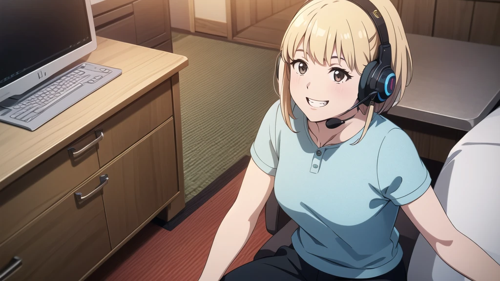 (In 8K, Ultra-high resolution, Best Quality, Masterpiece:1.2), (Realistic illustrations), (Highly Detailed CG Unity 8K Wallpaper), Relaxed girl listening to music with headset, smile, Detailed teeth, はにかんだsmile, Nostalgic vintage style animation, 80&#39;s, cassette tape