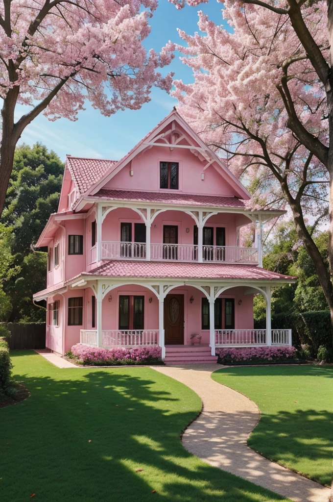 I want a beautiful house with sunlight and pink wheather and pink tree high quality 