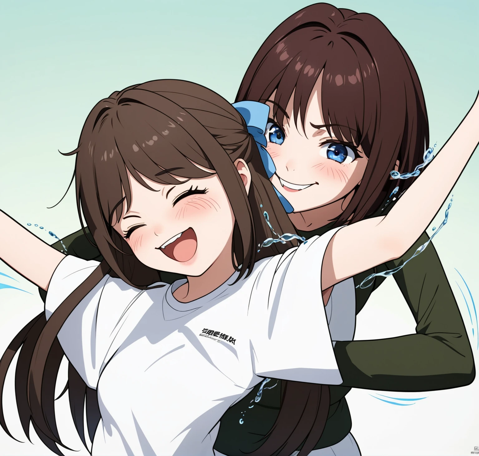 two extremely delicate and beautiful girls,Girl in white shirt raising her arms,The other girl put her hand into the sleeve of the girl in the white shirt with a sly smile,(laughing:1.4),(big mouth:1.1),open mouth,happy,(frown:1.3),crazy smile,(pain face:1.2),blush,tears,sweat,(tickling armpits),((trembling)),(((masterpiece))), (((best quality))), (official art), ((extremely detailed CG unity 8k wallpaper)), (Best character details), ((ultra-detailed)), (illustration), (dynamic angle),