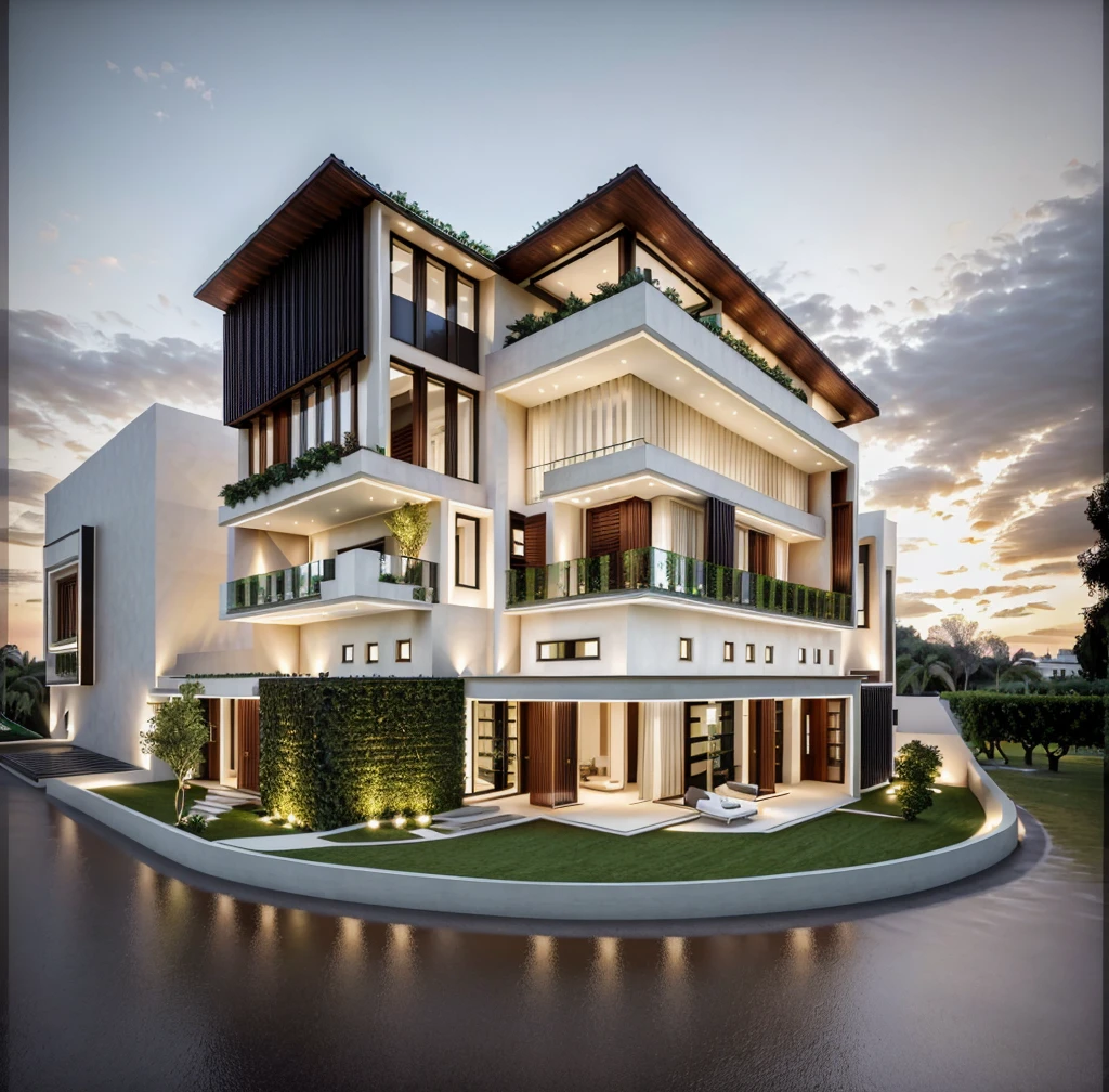 Located at the corner of a bustling intersection, this stunning urban villa masterfully blends the timeless elegance of Mediterranean style with contemporary design elements, street, no pool, The villa's facade, adorned with expansive glass walls, allows natural light to flood the interior, creating a harmonious connection between the indoor and outdoor spaces. The intricate wrought iron railings and traditional woodwork are complemented by sleek modern finishes, resulting in a striking visual contrast. Lush greenery surrounds the villa, softening its architectural lines and adding to its charm. This fusion of old-world charm and modern sophistication makes the villa a captivating landmark in the cityscape, 3dsmax render, realistic photo