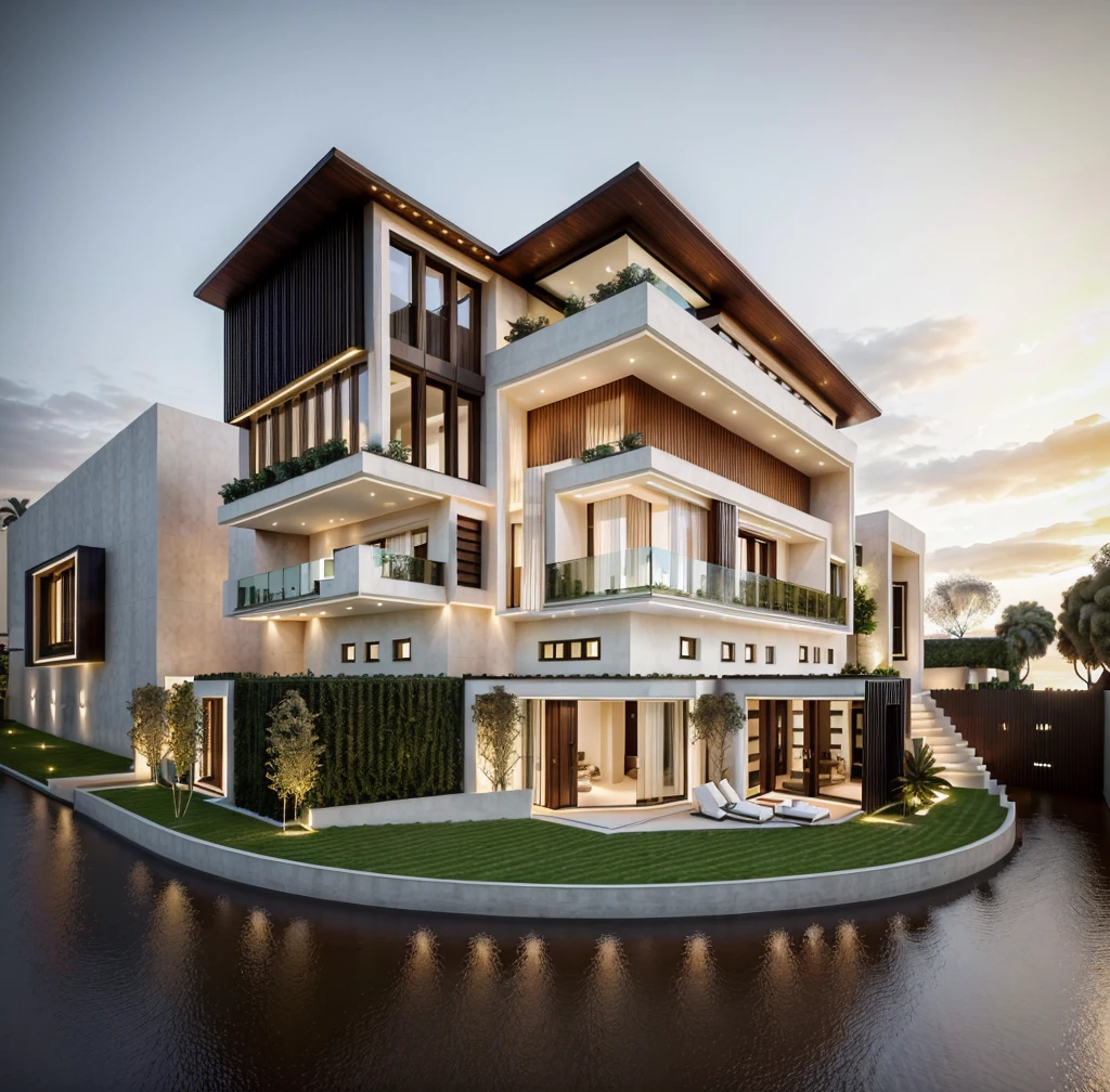 Located at the corner of a bustling intersection, this stunning urban villa masterfully blends the timeless elegance of Mediterranean style with contemporary design elements, street, no pool, The villa's facade, adorned with expansive glass walls, allows natural light to flood the interior, creating a harmonious connection between the indoor and outdoor spaces. The intricate wrought iron railings and traditional woodwork are complemented by sleek modern finishes, resulting in a striking visual contrast. Lush greenery surrounds the villa, softening its architectural lines and adding to its charm. This fusion of old-world charm and modern sophistication makes the villa a captivating landmark in the cityscape, 3dsmax render, realistic photo