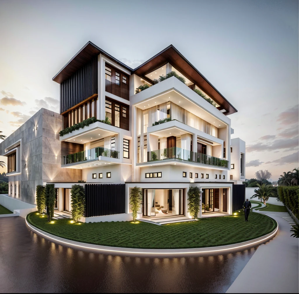 Located at the corner of a bustling intersection, this stunning urban villa masterfully blends the timeless elegance of Mediterranean style with contemporary design elements, street, no pool, The villa's facade, adorned with expansive glass walls, allows natural light to flood the interior, creating a harmonious connection between the indoor and outdoor spaces. The intricate wrought iron railings and traditional woodwork are complemented by sleek modern finishes, resulting in a striking visual contrast. Lush greenery surrounds the villa, softening its architectural lines and adding to its charm. This fusion of old-world charm and modern sophistication makes the villa a captivating landmark in the cityscape, 3dsmax render, realistic photo