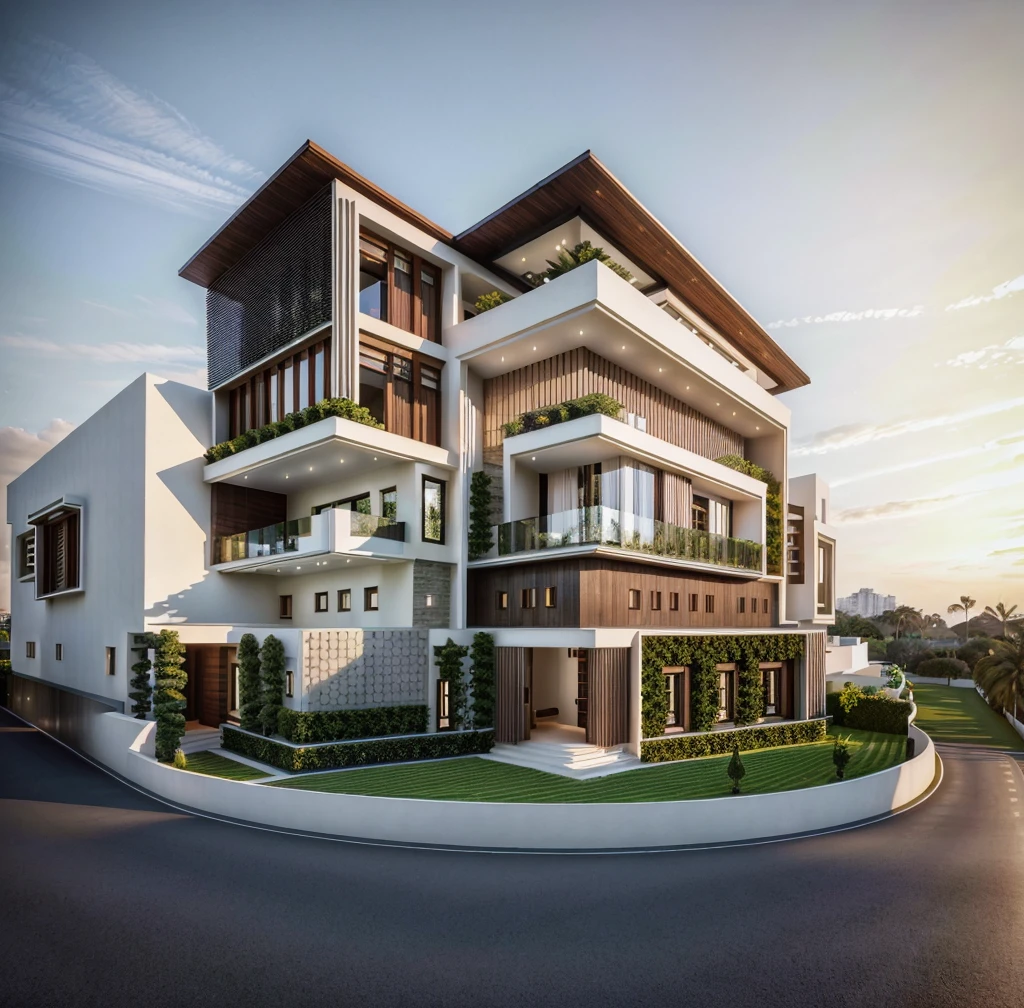 Located at the corner of a bustling intersection, this stunning urban villa masterfully blends the timeless elegance of Mediterranean style with contemporary design elements, street, no pool, The villa's facade, adorned with expansive glass walls, allows natural light to flood the interior, creating a harmonious connection between the indoor and outdoor spaces. The intricate wrought iron railings and traditional woodwork are complemented by sleek modern finishes, resulting in a striking visual contrast. Lush greenery surrounds the villa, softening its architectural lines and adding to its charm. This fusion of old-world charm and modern sophistication makes the villa a captivating landmark in the cityscape, 3dsmax render, realistic photo