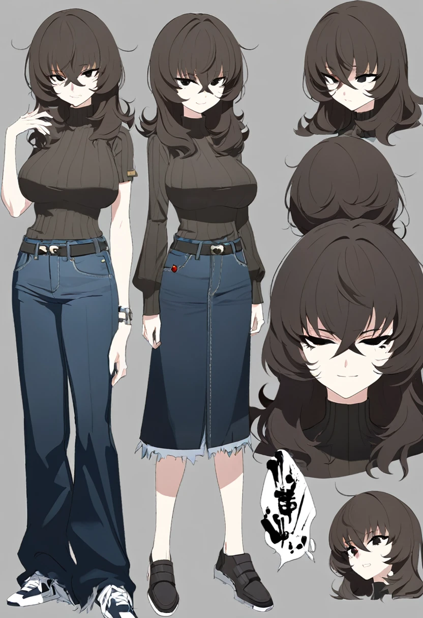 One Woman,Downer,older sister,Concept Art,Dark brown hair,Straight hair with slight inward curls,Staring eyes,Eye Ridge,black eye,Crossed bangs,whole body,smile,Larger breasts,Gray background,Bangs that reach down to the eyes,Messy hair,Perfect dark jeans,Light brown turtleneck sweater,Multiple views of the same character,Character Design,Dark circles under the eyes,Bad look,Listless,Sloppy,accessories,Cafe staff,Holding a cigarette,whole bodyCharacter Design,Detailed hands,