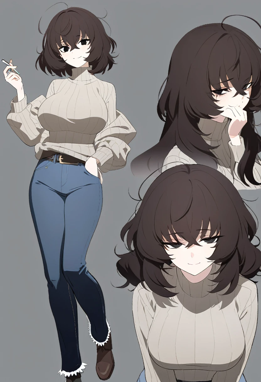 One Woman,Downer,older sister,Concept Art,Dark brown hair,Straight hair with slight inward curls,Staring eyes,Eye Ridge,black eye,Crossed bangs,whole body,smile,Larger breasts,Gray background,Bangs that reach down to the eyes,Messy hair,Perfect dark jeans,Light brown turtleneck sweater,Multiple views of the same character,Character Design,Dark circles under the eyes,Bad look,Listless,Sloppy,accessories,Cafe staff,Holding a cigarette,whole bodyCharacter Design,Detailed hands,