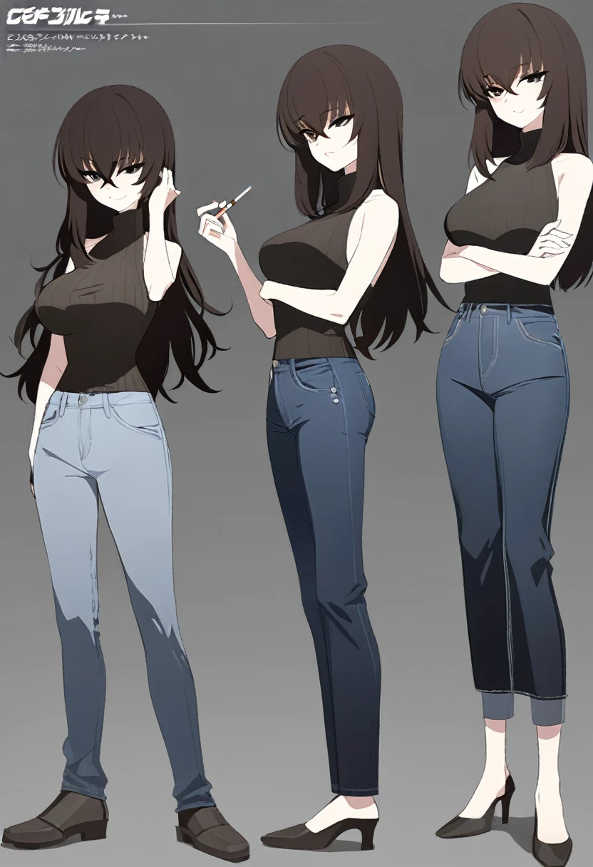 One Woman,Downer,older sister,Concept Art,Dark brown hair,Straight hair with slight inward curls,Staring eyes,Eye Ridge,black eye,Crossed bangs,whole body,smile,Larger breasts,Gray background,Bangs that reach down to the eyes,Messy hair,Perfect dark jeans,Light brown turtleneck sweater,Multiple views of the same character,Character Design,Dark circles under the eyes,Bad look,Listless,Sloppy,accessories,Cafe staff,Holding a cigarette,whole bodyCharacter Design,Detailed hands,