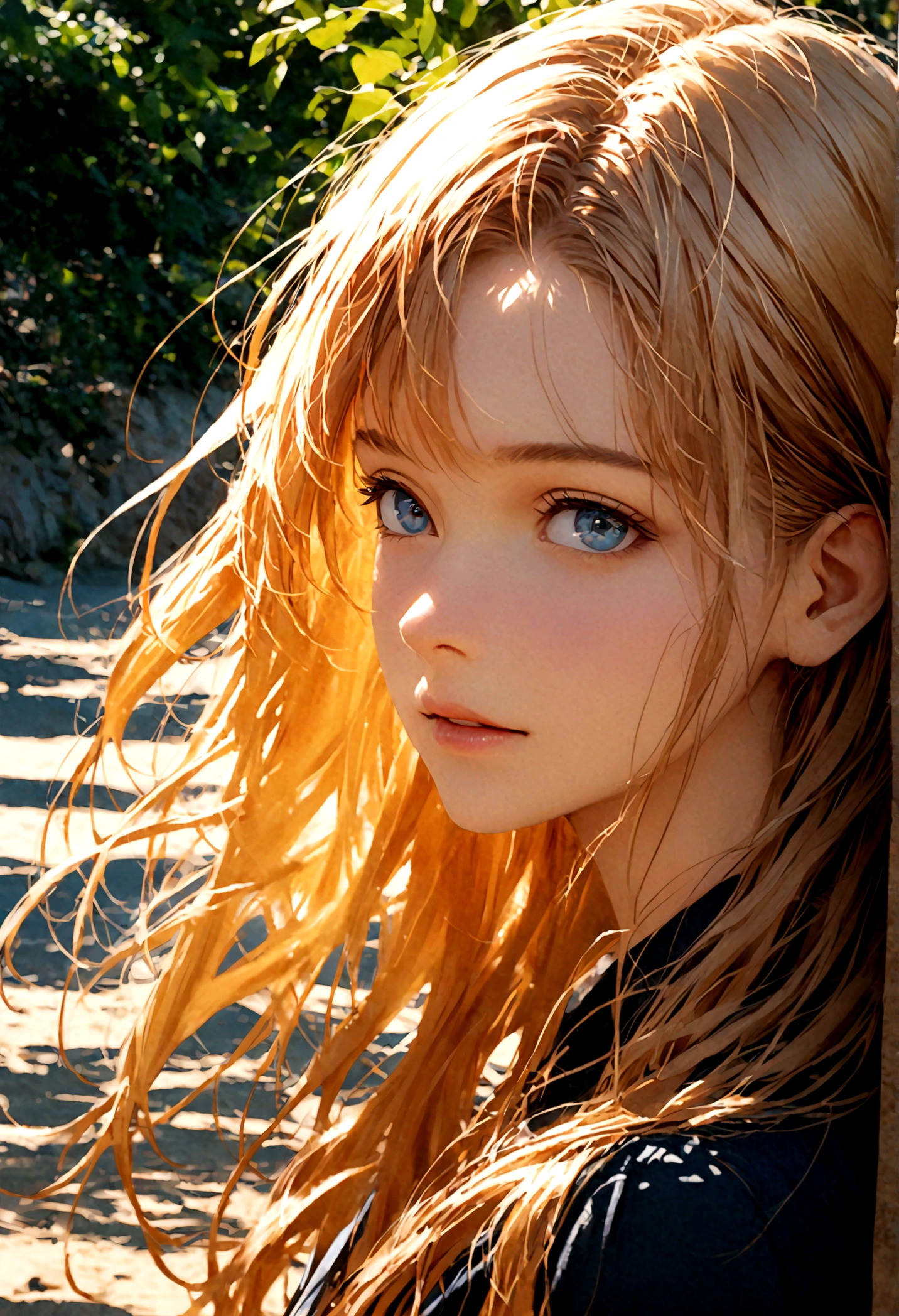 a photorealistic portrait of 24 years old european girl with long, flowing blond hair and striking blue eyes The background should be a scenic outdoor setting, perhaps a sunlit park or beach. Capture this image with a high-resolution photograph using an 85mm lens for a flattering perspective.
