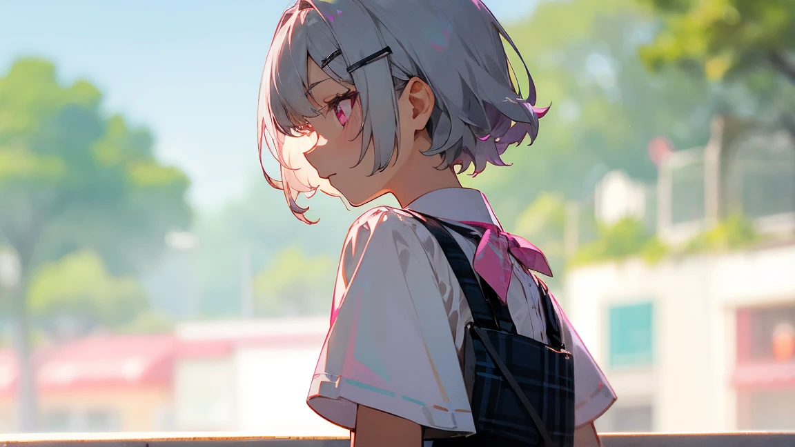 Silver short hair and bob hair、Hair tied with a hair clip..、Pink Eyes、white blouse shirt、Tartan Check Skirt、profile、Upper body close-up、A cafe terrace with sharp contours、Background Blur、Written boundary depth