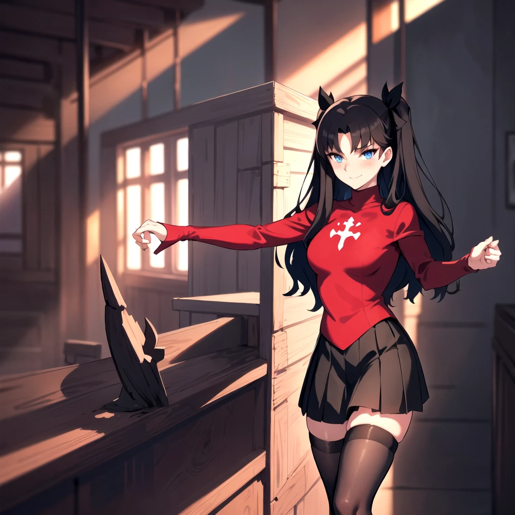 Tohsaka Rin, volumetric lighting, best shadows, shallow depth of field, Portrait of an incredibly sexy girl, Delicate beautiful attractive face with bright seductive blue eyes, pointed eyebrows, Enjoying the scenery, Sly smile, closed mouth, huge ass, Long black hair layered on both sides, hair ribbon, Blush eyeshadow, thick eyelashes, Cross on red turtleneck shirt, Slim waist, black pleated mini skirt, big thigh, High-height black stockings thigh, late afternoon, Sunlight shines through the window, dust particles floating, dark cave reddish light, thong visible, (highest quality, amazing details:1.25), (Only :1.3), Bright colorful paints