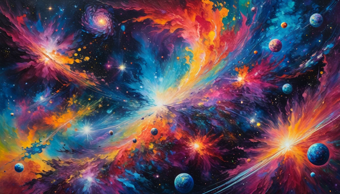 Vibrant, hyper-textured acrylic painting of a space painting bursting with intensely bright vivid colored galaxies and nebulae in a vertical composition, ultra impasto brushstrokes, Monet-inspired, dreamy ambiance, planetary abundance, intricate details