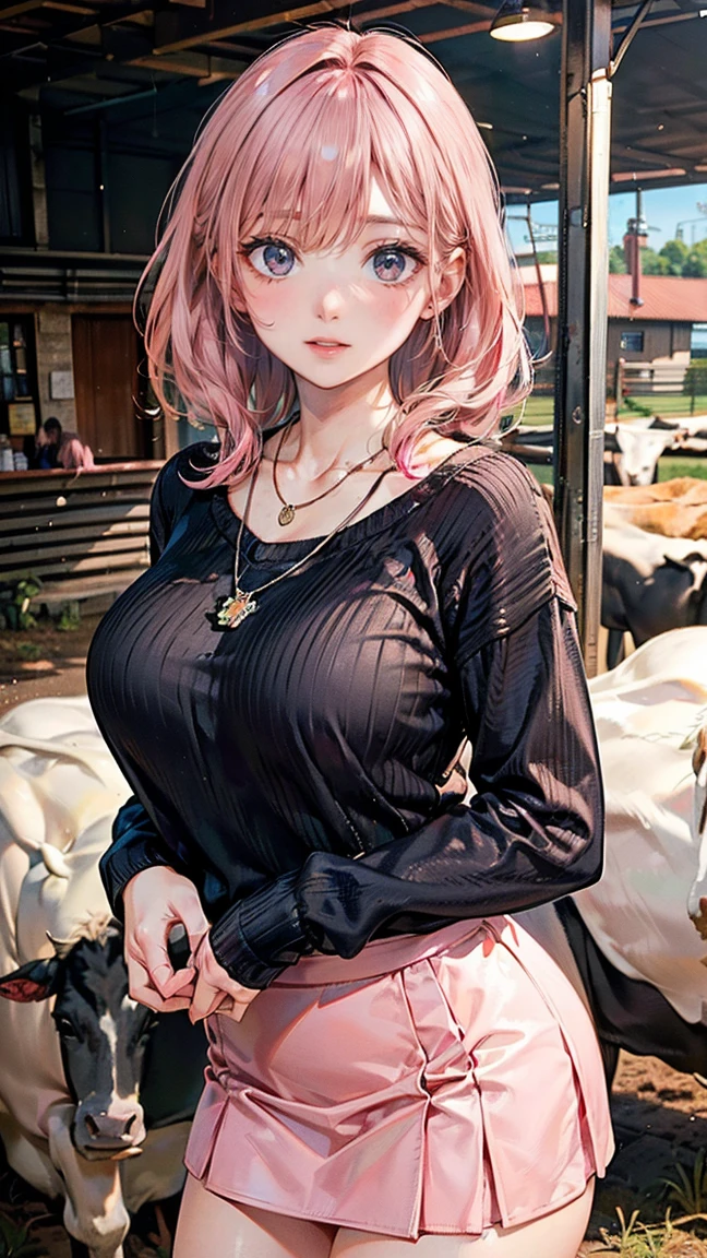 (Masterpiece, BestQuality:1.3), (ultra detailed:1.2), (hyperrealistic:1.3), (RAW photo:1.2), High detail RAW color photo, professional photograph, (Photorealistic:1.4), (realistic:1.4), professional lighting, perfect anatomy, (Big Breasts:1.2), (blush, detailed face), (cheerful Smile:1.5), Trending Hair&Trending Hairカラーをランダムに, earrings, necklace, bracelet, sexy, erotic sexy, Random sexy gravure poses, (A beautiful pink-haired woman wearing a casual jumper skirt、Feeding cows in front of the farm。She has a happy smile。:1.3)