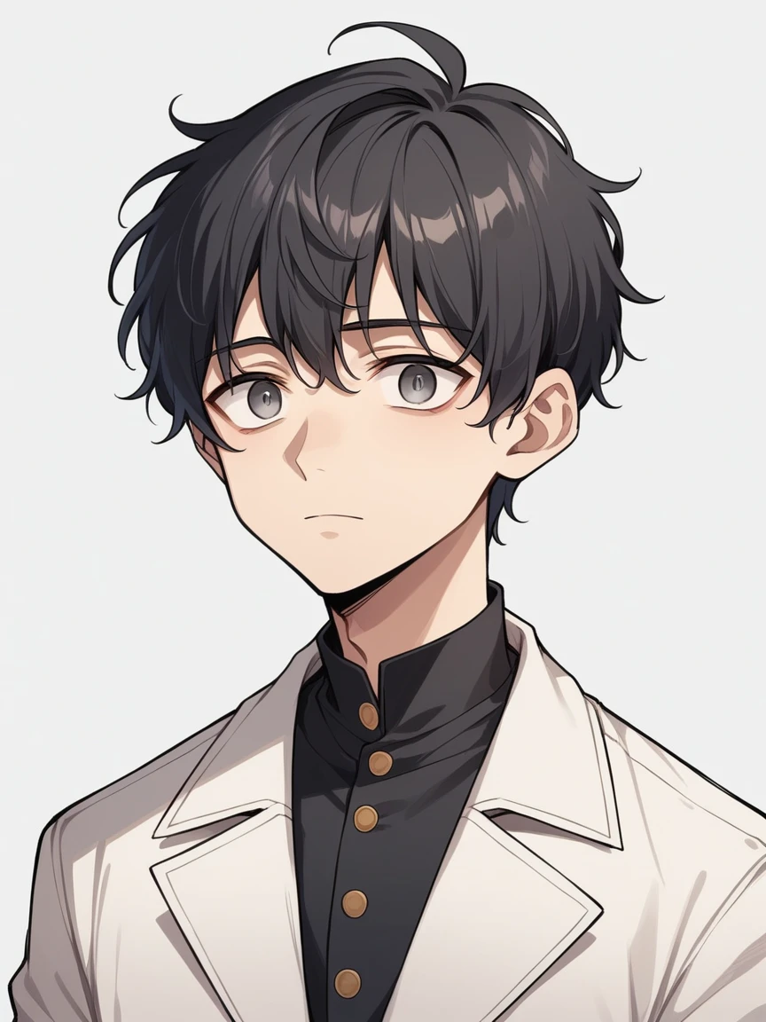 masterpiece, highest quality, Anime Style,Icon Style, 1 person, A quiet and attractive young man, Age 25, Highly detailed face, ((Dark grey eyes)), ((Dark hair parted in the center、Short Hair)),, ((Double-breasted tailored jacket)),background:white、Droopy eyes