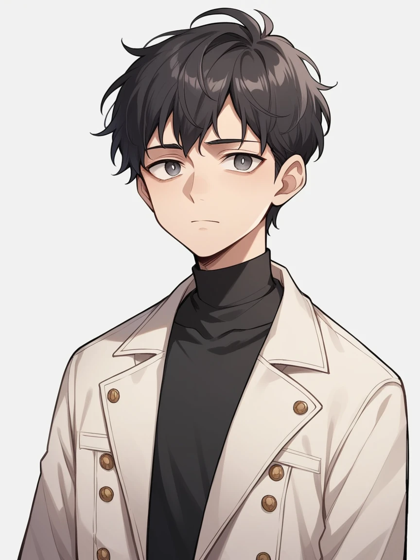 masterpiece, highest quality, Anime Style,Icon Style, 1 person, A quiet and attractive young man, Age 25, Highly detailed face, ((Dark grey eyes)), ((Dark hair parted in the center、Short Hair)),, ((Double-breasted tailored jacket)),background:white、Droopy eyes