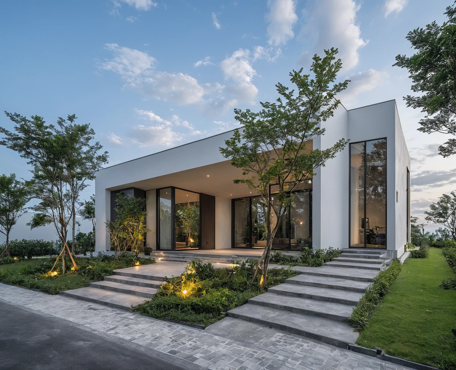 Masterpiece, high quality, best quality, authentic, super detail, outdoors, onestoreyofficeXL, aiaigroup, villa style modern on the garden ,stairs, white wall , road,pavement, grass, trees, sky, cloud, (nightlight:1.1), random style color exterior