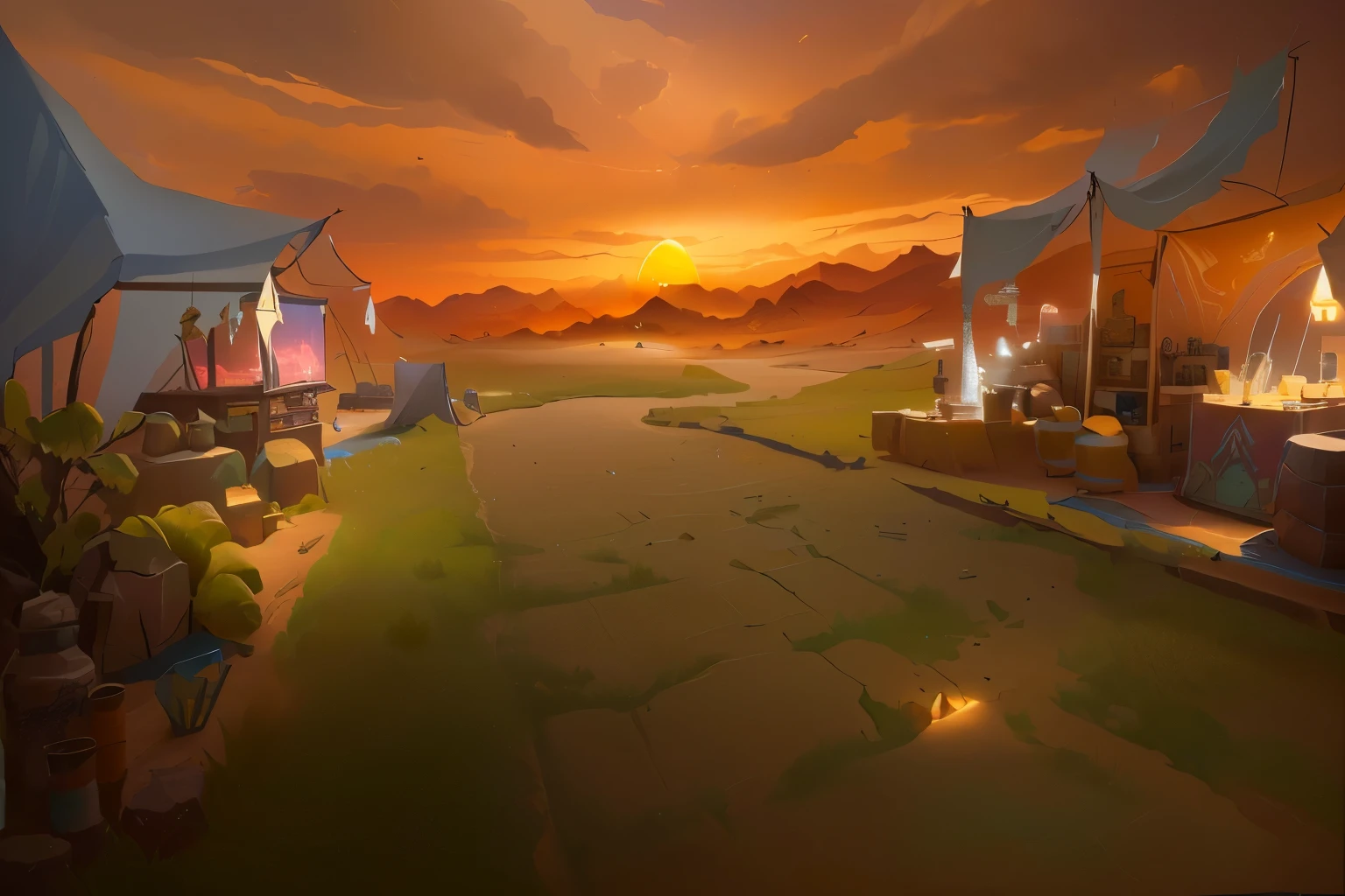 One painting depicts a desert scene,There is a tent and a river inside, painted as a game concept art, stylized concept art, scenery game concept art, relaxing concept art, background technologywork, concept art | Rad, Arena Background, finished concept art, Golden hour background, background technology, game concept art, environment, Concept works, indie game concept art