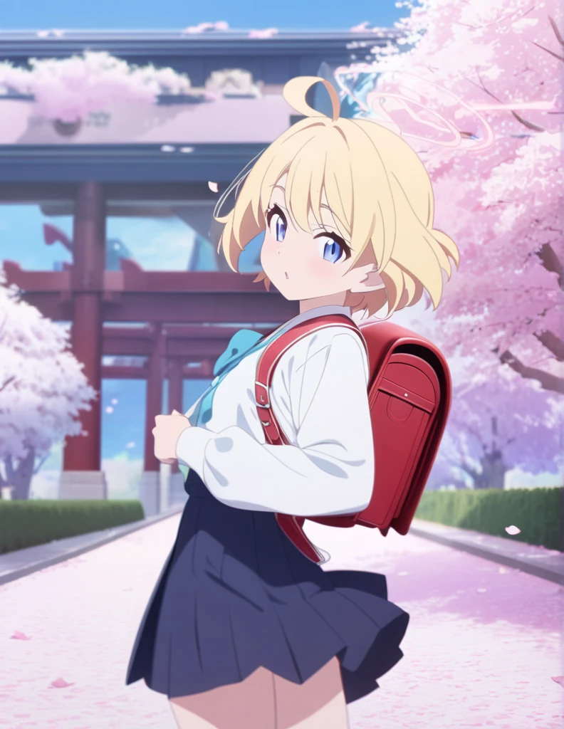 (masterpiece), (ultra-detailed), best quality, 8k, (randoseru backpack:1.0), texture pose, blonde hair、short hair、 、The boy stops and looks back、cherry blossom petals fall、Cherry blossom trees 、Camera work that shoots the boy from a distance、blue sky, anime style