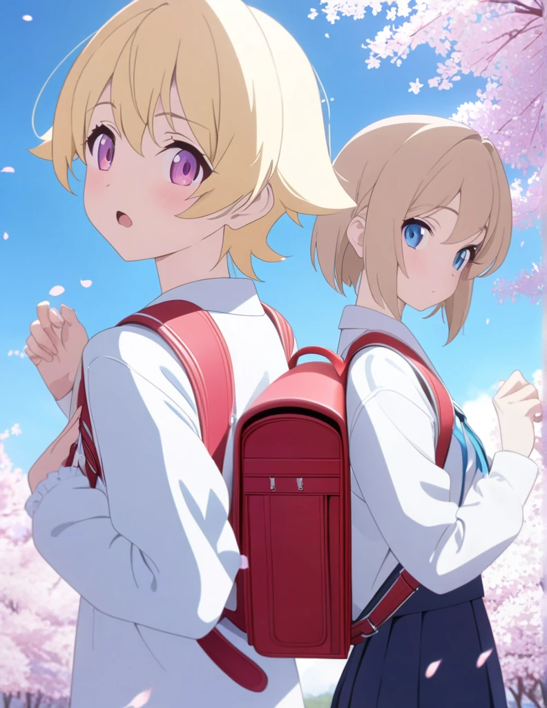 (masterpiece), (ultra-detailed), best quality, 8k, (randoseru backpack:1.0), texture pose, blonde hair、short hair、 primary school student、The boy stops and looks back、cherry blossom petals fall、Cherry blossom trees 、Camera work that shoots the boy from a distance、blue sky, anime style